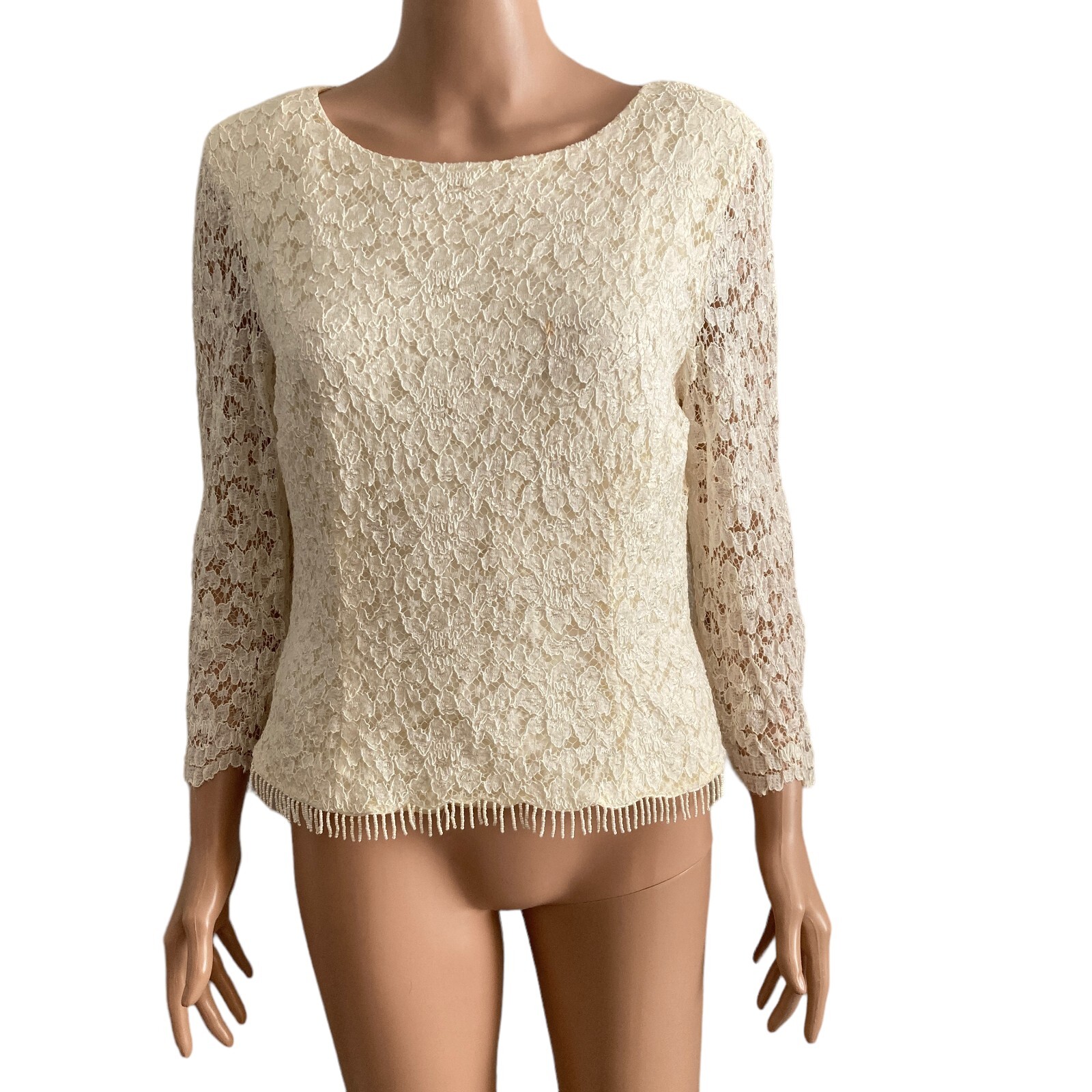 Vintage David Warren NY Blouse Womens 14 Lace Beaded Hem