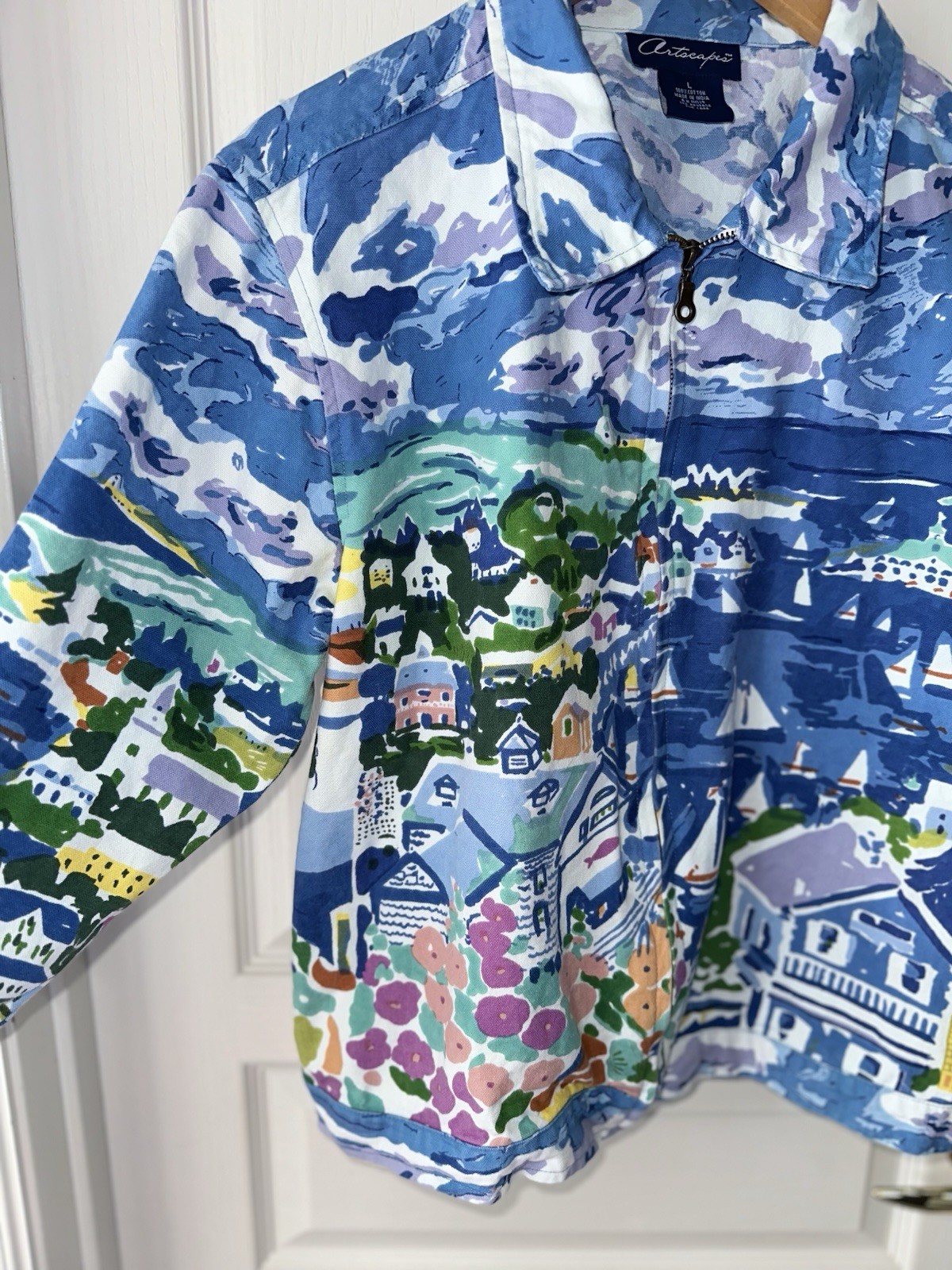 VTG Artscapes Cotton Canvas Jacket Coastal Harbor Scene Art To Wear Women’s L