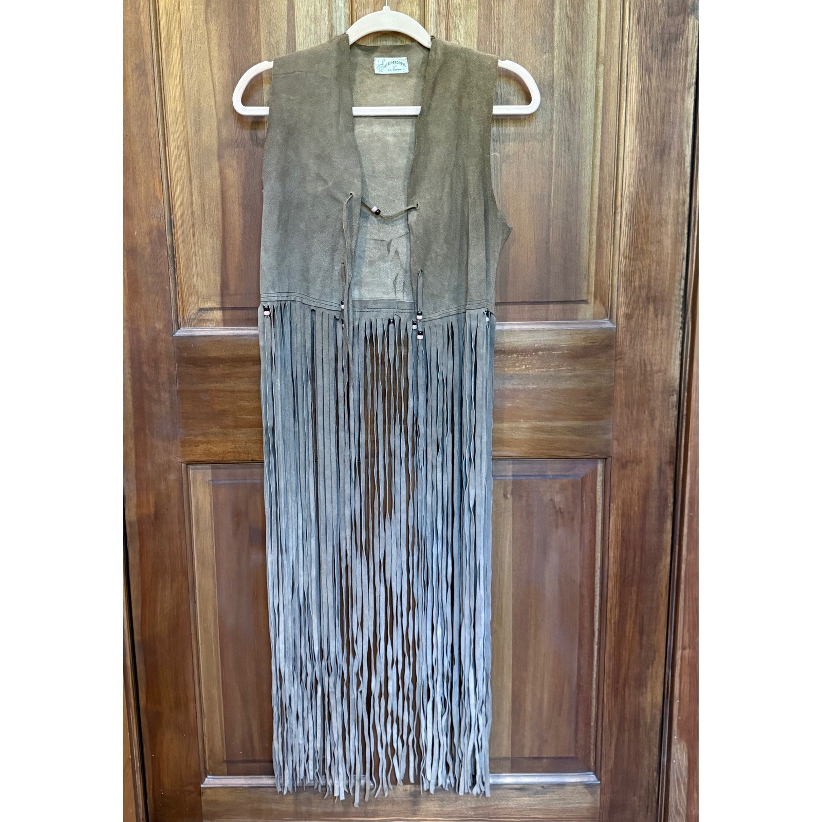 Vintage Leathergoose of California Suede Fringe Vest Beaded Boho Brown Large