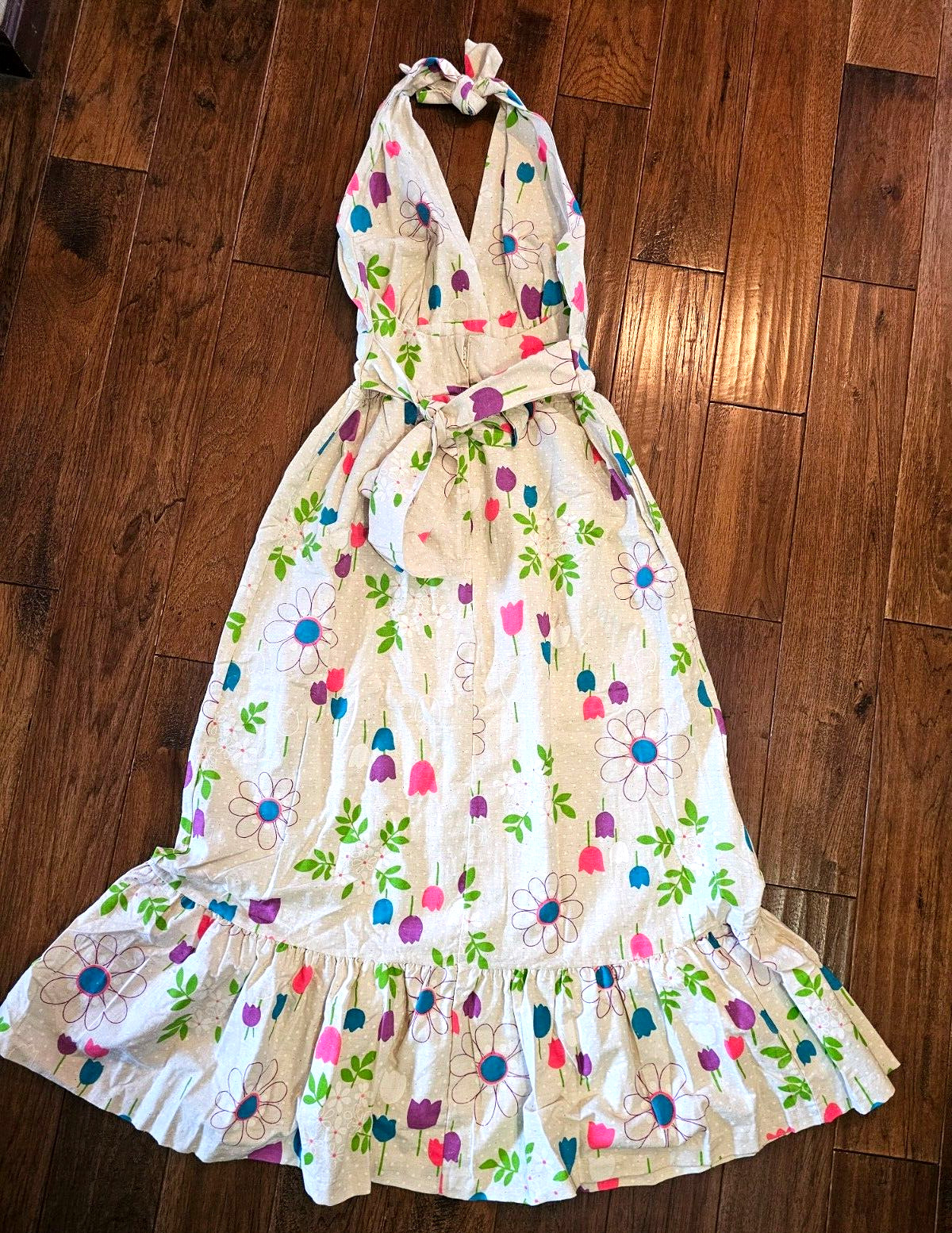 Vintage 70s Maxi Dress Small Floral Print Halter Neck Pink Orange Blue