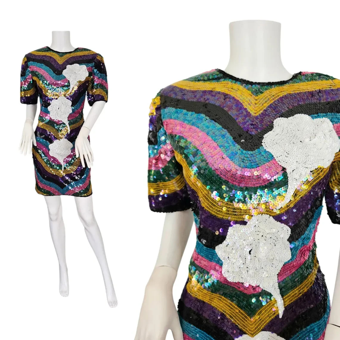 1980s Rainbow Stripe Silk Beaded Sequin Dress I Sz Med Imperial Handicrafts