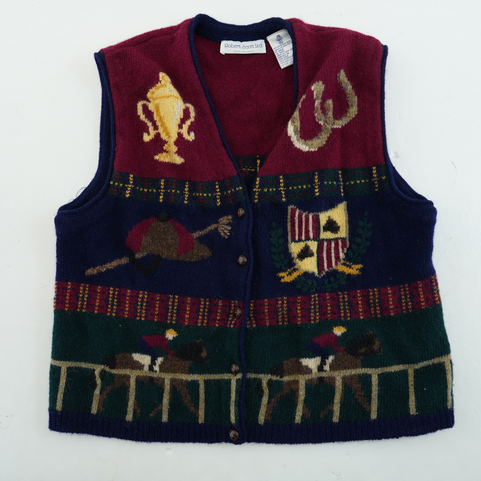 Robert Scott Ltd Vintage Sweater Vest women’s XL Hand Knit HORSE RACE equestrian