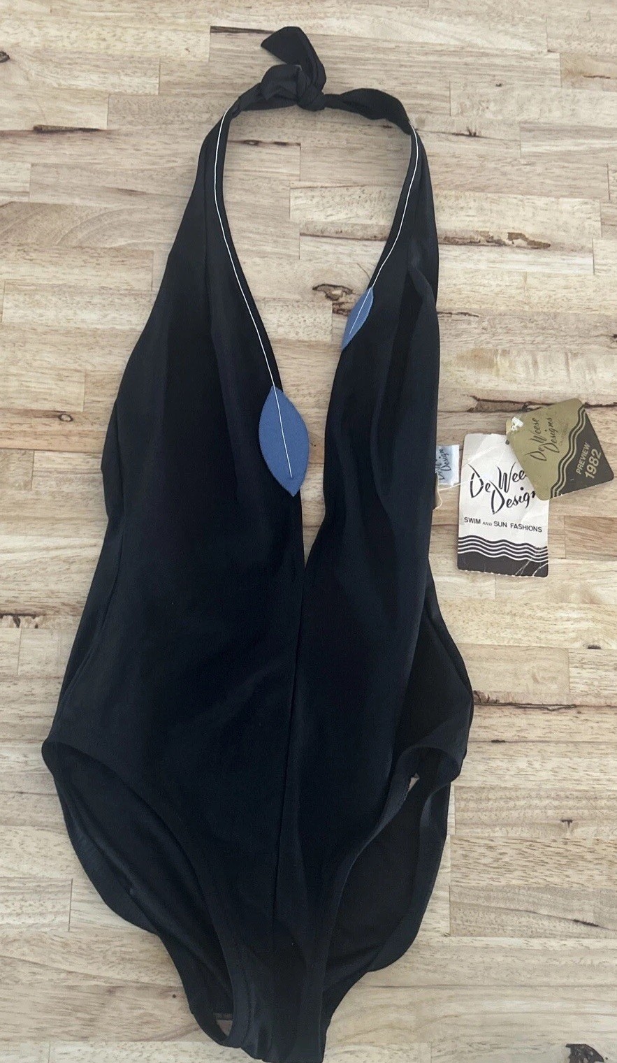 Vintage DeWeese Designs California Black Swimsuit Leaf Lure Size 14 Halter Top