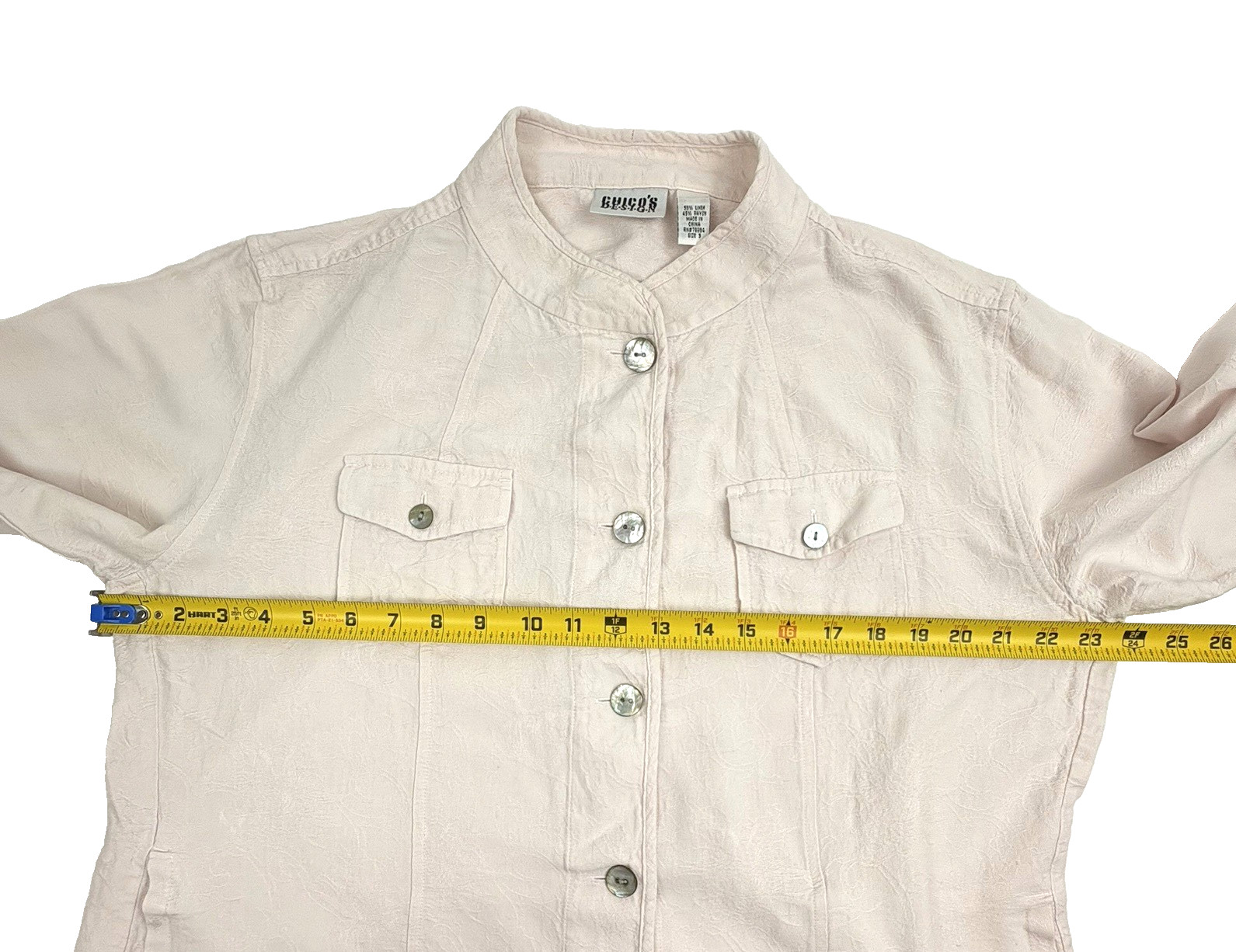 VTG Chico’s Design Linen Blend Jacket Pastel Pink Embossed Mandarin Collar L 3