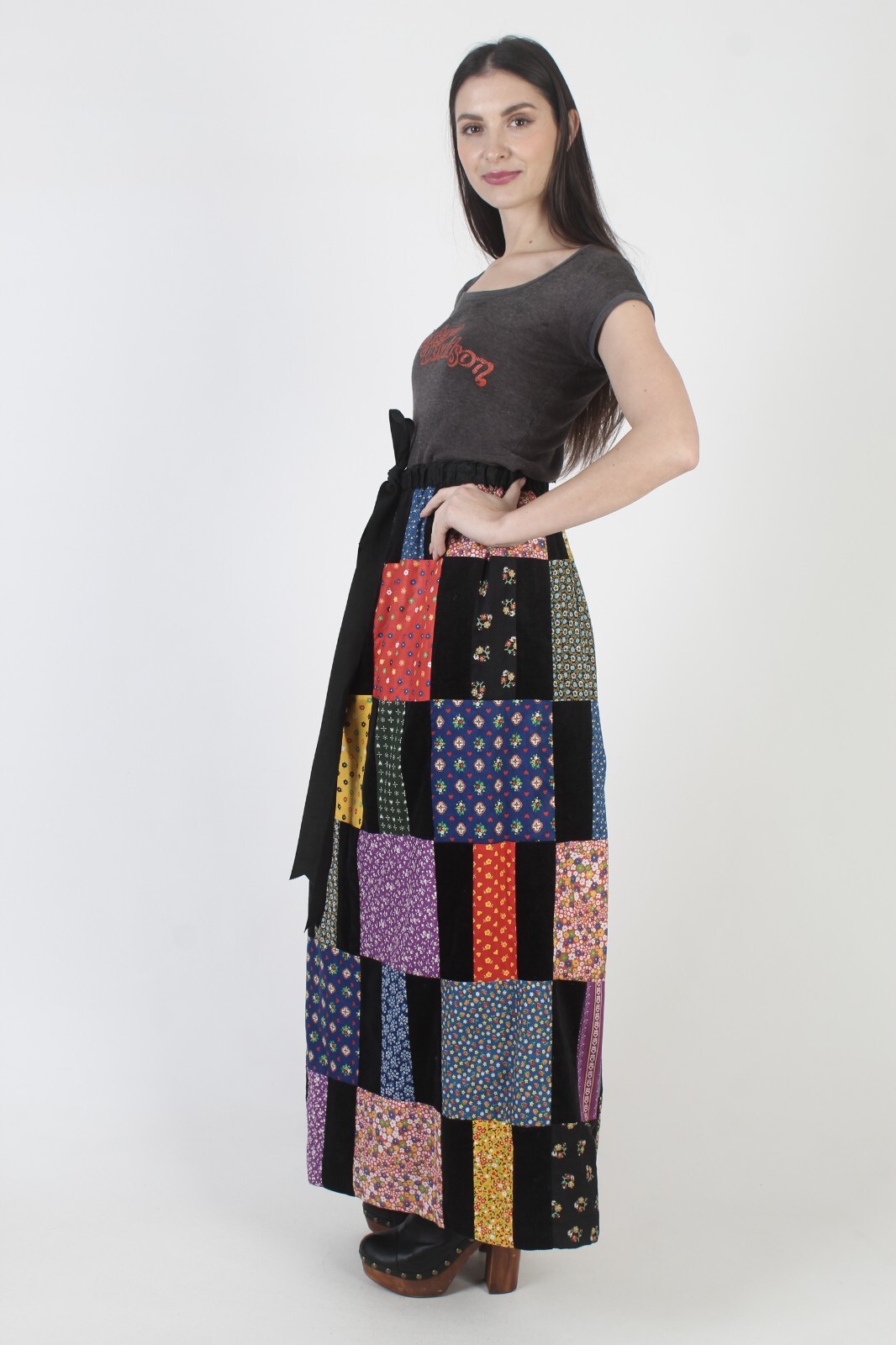 Vintage 70s Blk Mr Hank Patchwork Skirt Quilt Square Cottage Prairie Hippie Maxi