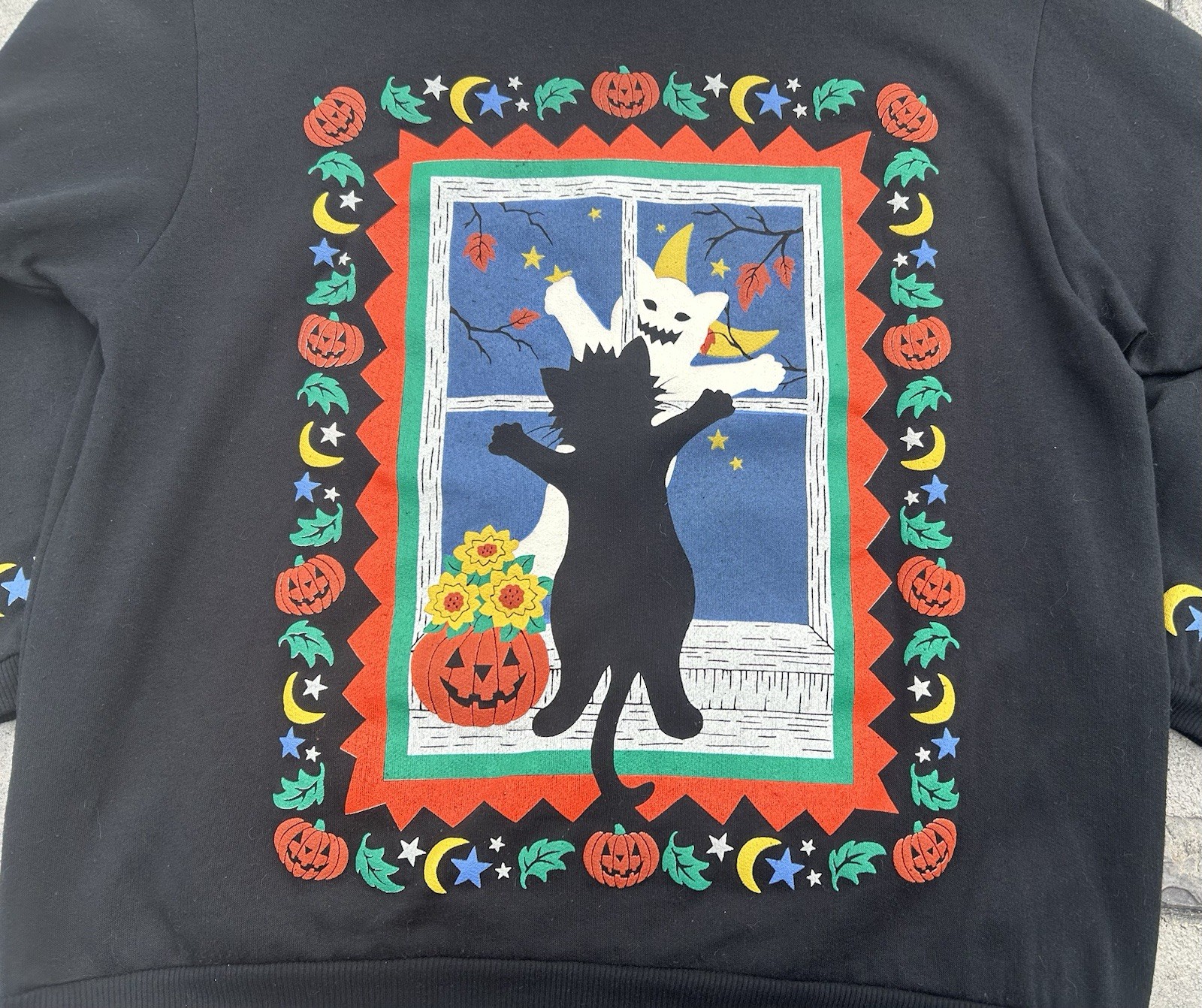 RARE Spumoni Black Cat Ghost Double Sided Black Halloween Novelty Sweatshirt 2X