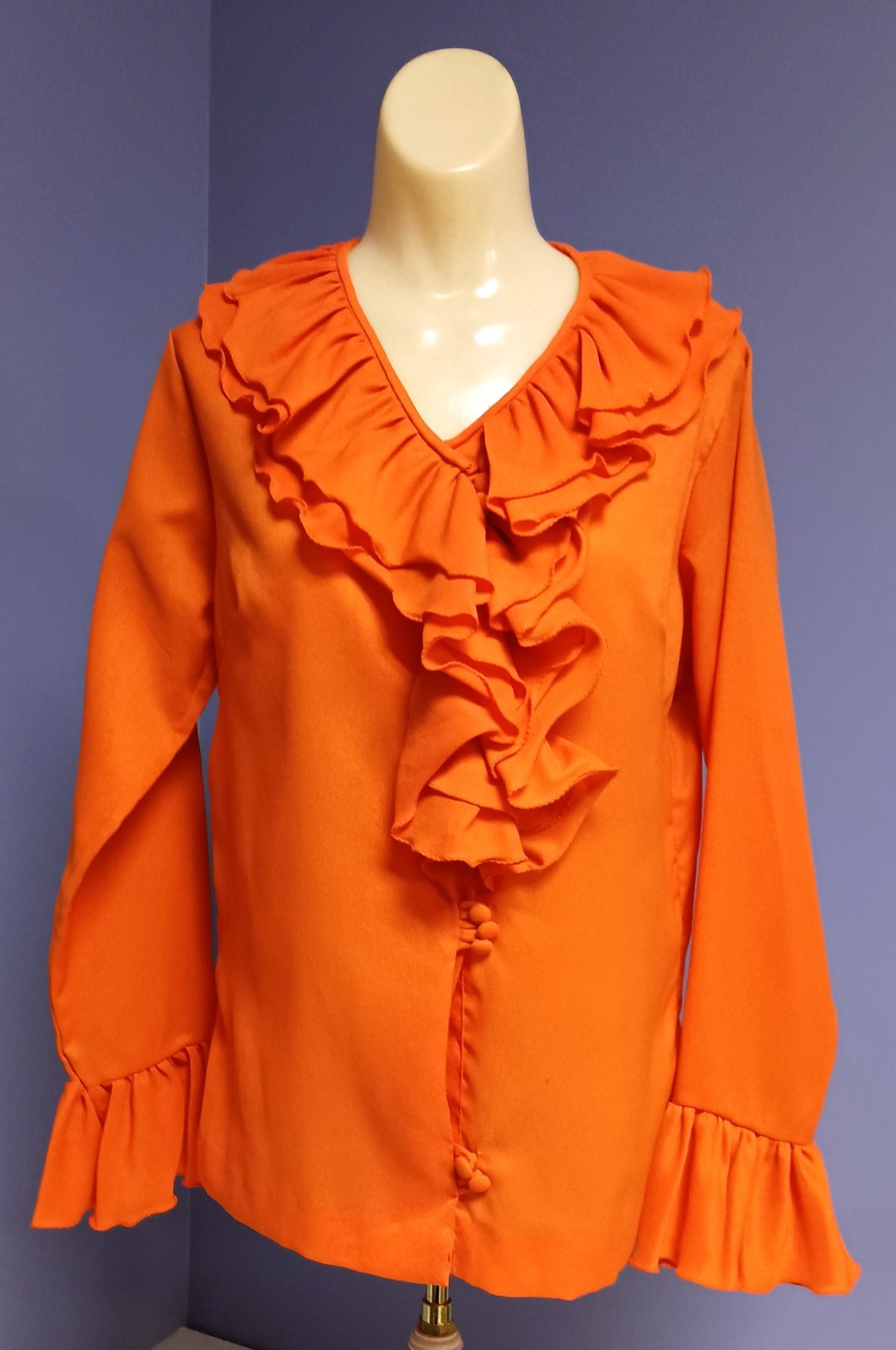 Vintage 70’s Mexican Made Bright Orange Poly Crepe Ruffled Front Blouse S/M