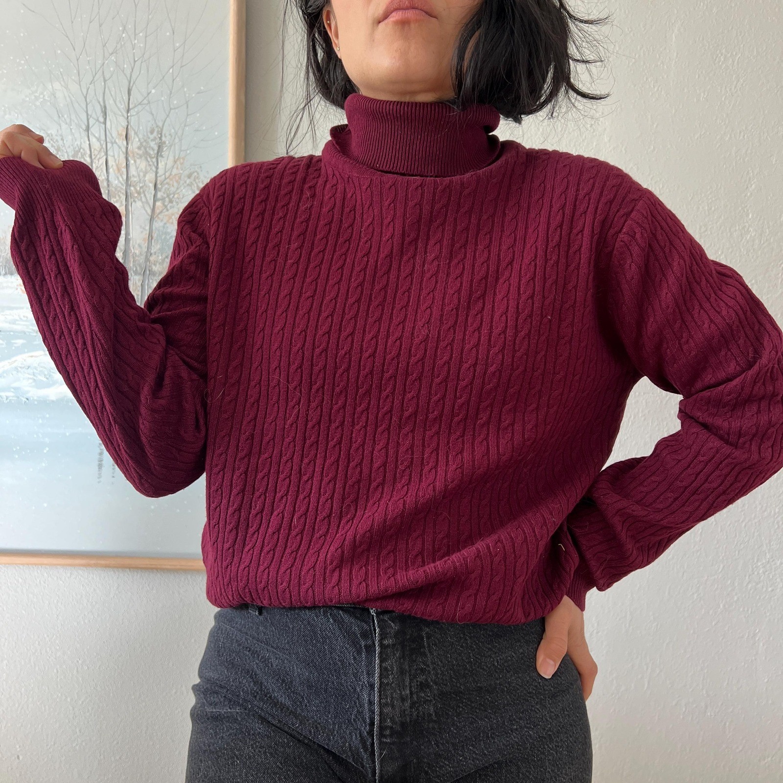 vintage 90s Silk Cashmere Turtleneck Sweater Burgundy Cable Knit Neiman Marcus