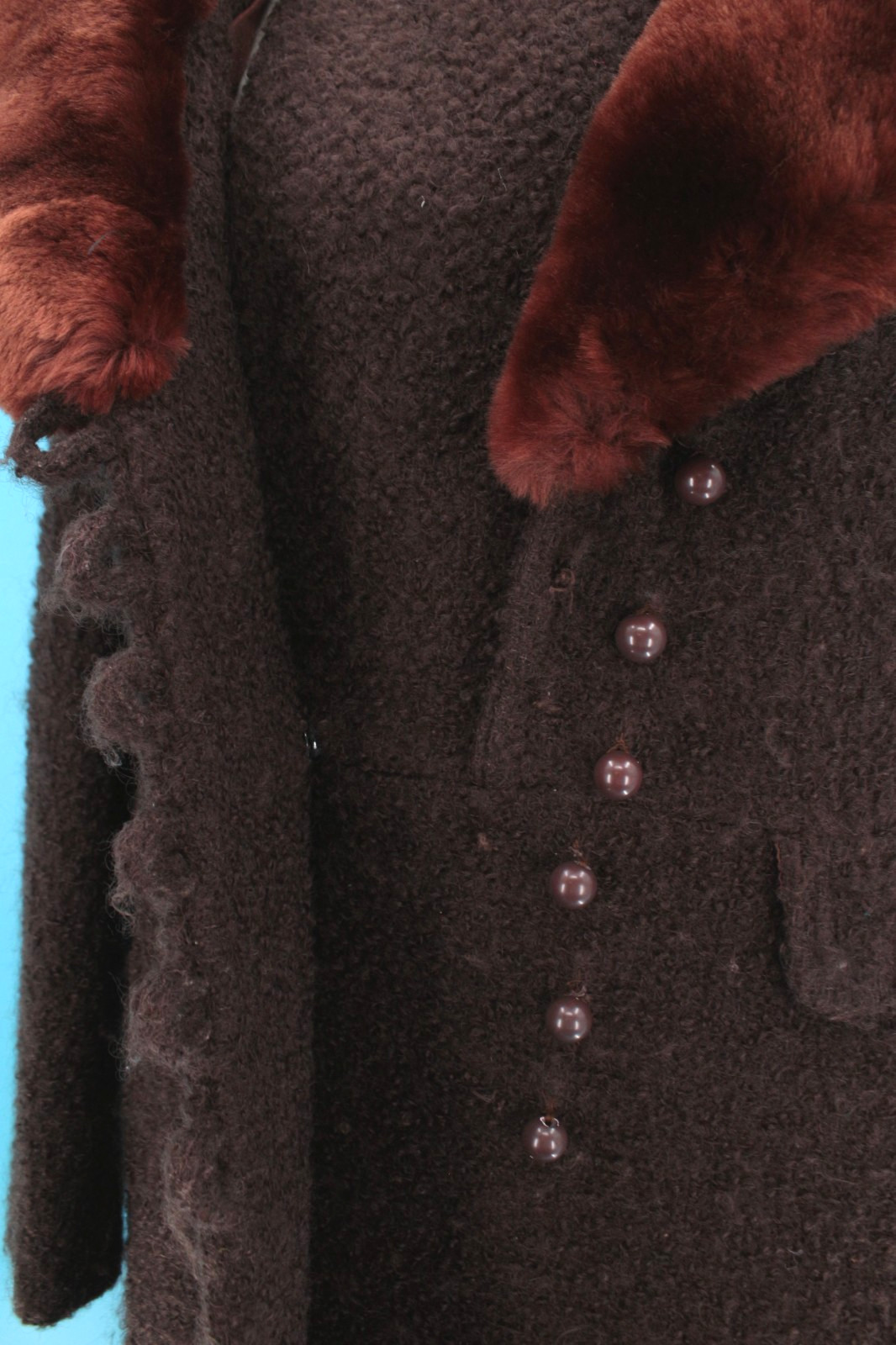 VTG Women’s 60s Dark Brown Boucle’ Wool Fur Collar Coat Sz S/M 1960s Mansfield