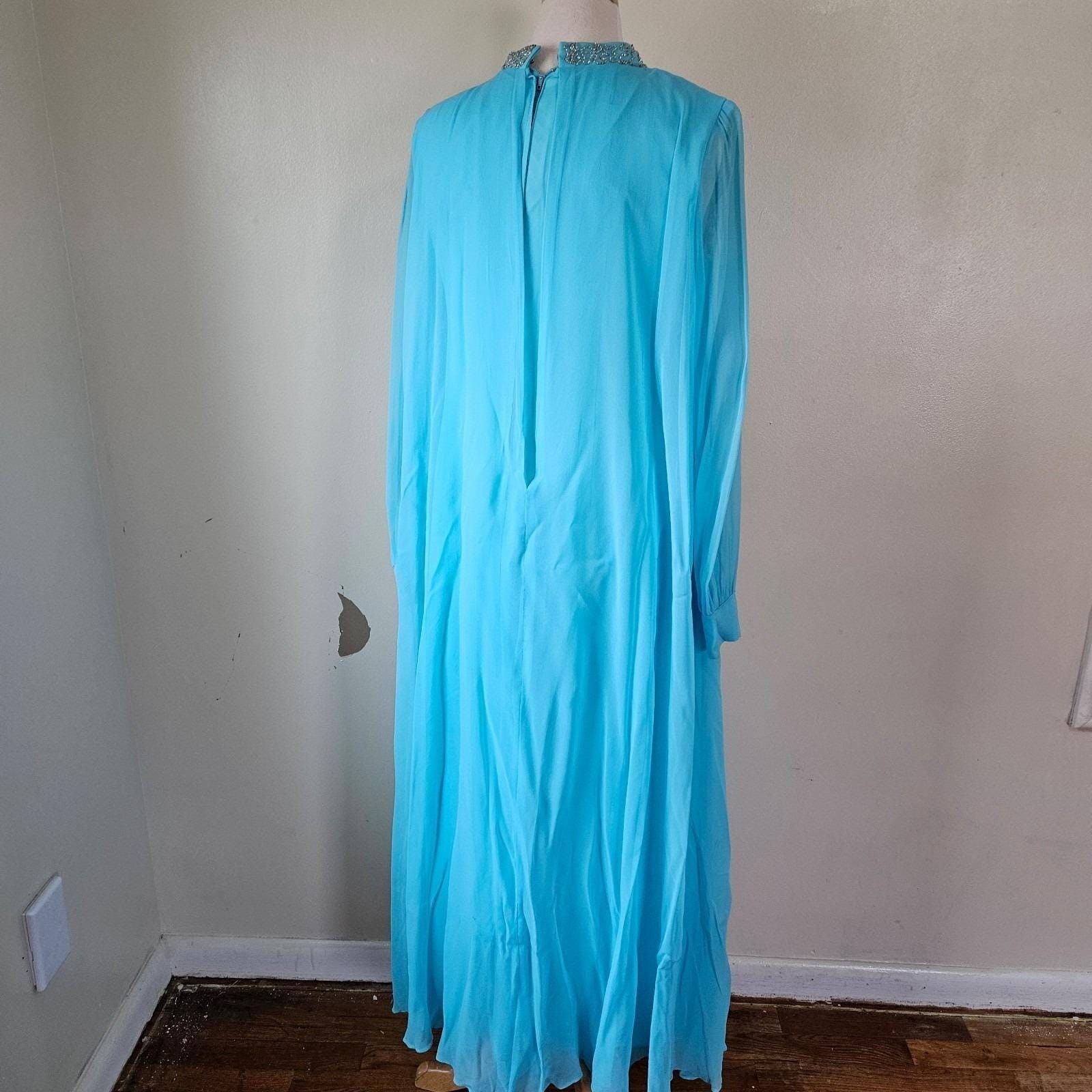 Vintage 70s Blue Disco Diva Stage Chiffon Sheer Overlay Maxi Dress Gown Beaded M