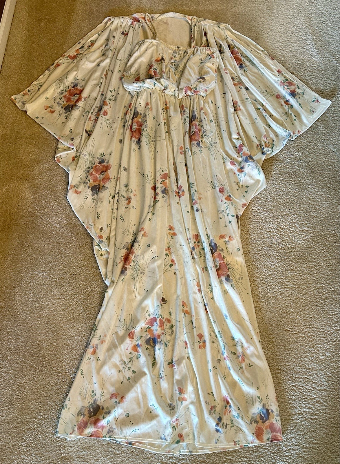 Vintage 1970 Bridesmaid Dress With Bat Cape ~NEW ~Ivory Floral ~Small