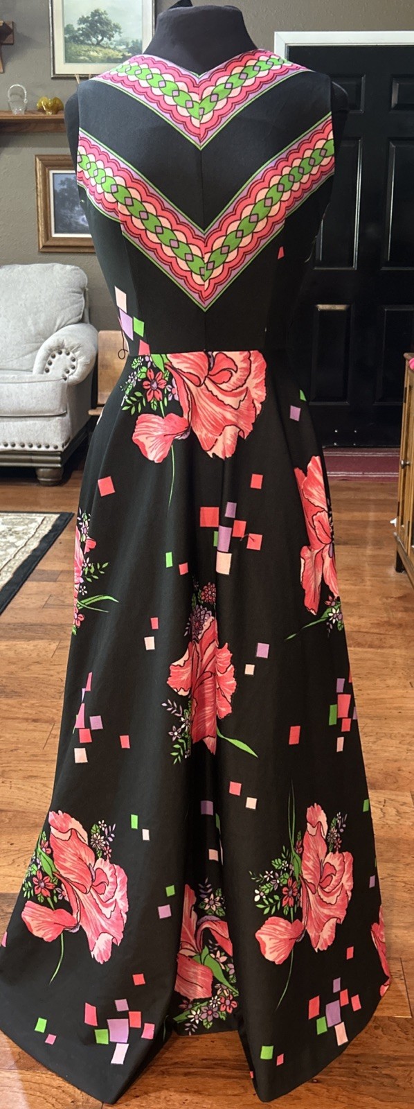 Vintage Donovan Galvani Mod retro Sleeveless Long Dress Black Hot Pink Medium