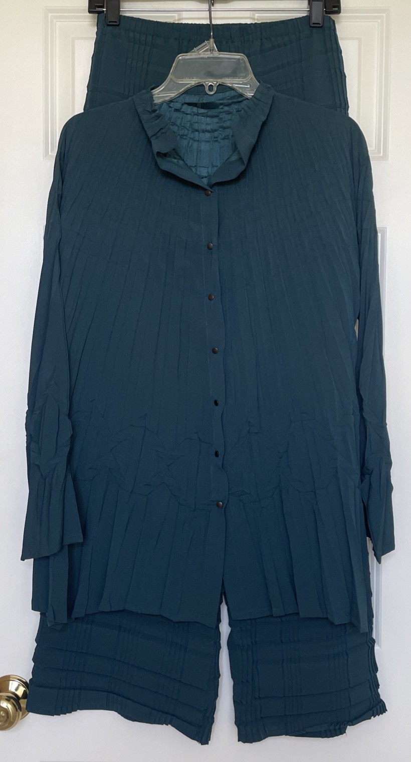 Vintage Babette Green 2 Pc Set Crinkled Top Pleated Wide Leg Pants Size S USA