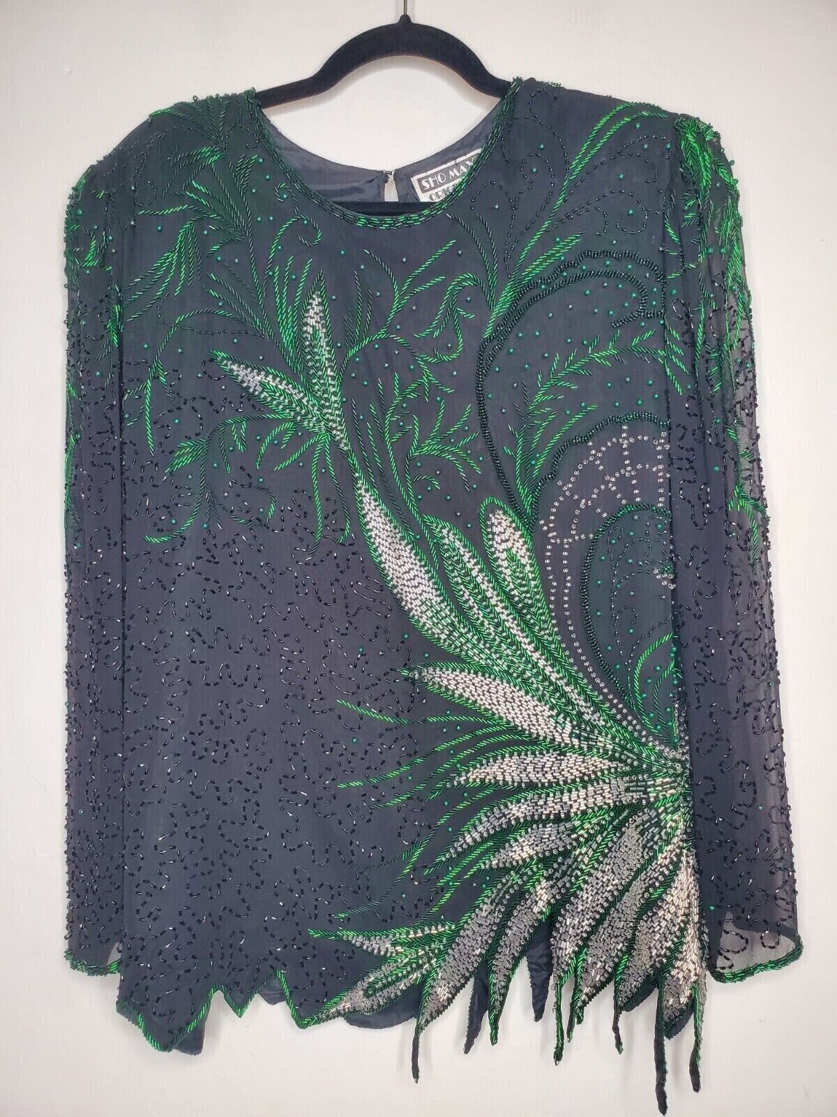 Vintage Sho-Max Original 2X 100% Silk Sheer Long Sleeve Glamorous Beaded Blouse