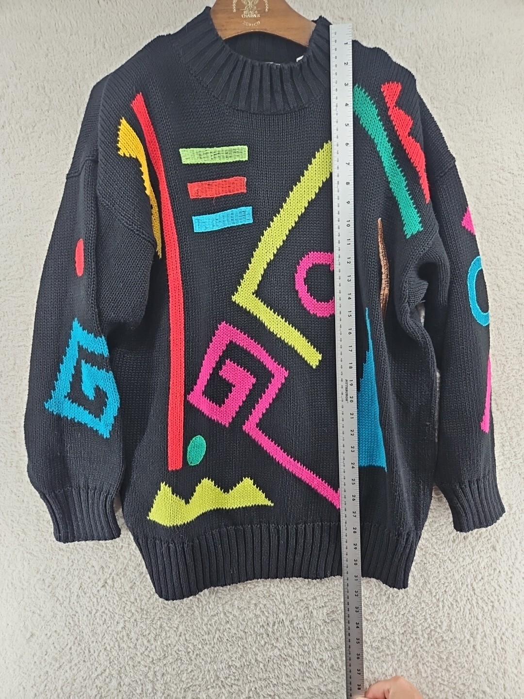 Vintage Totally Rad 80’s Woman’s Sweater Geometric Print Long Neon Multi Color