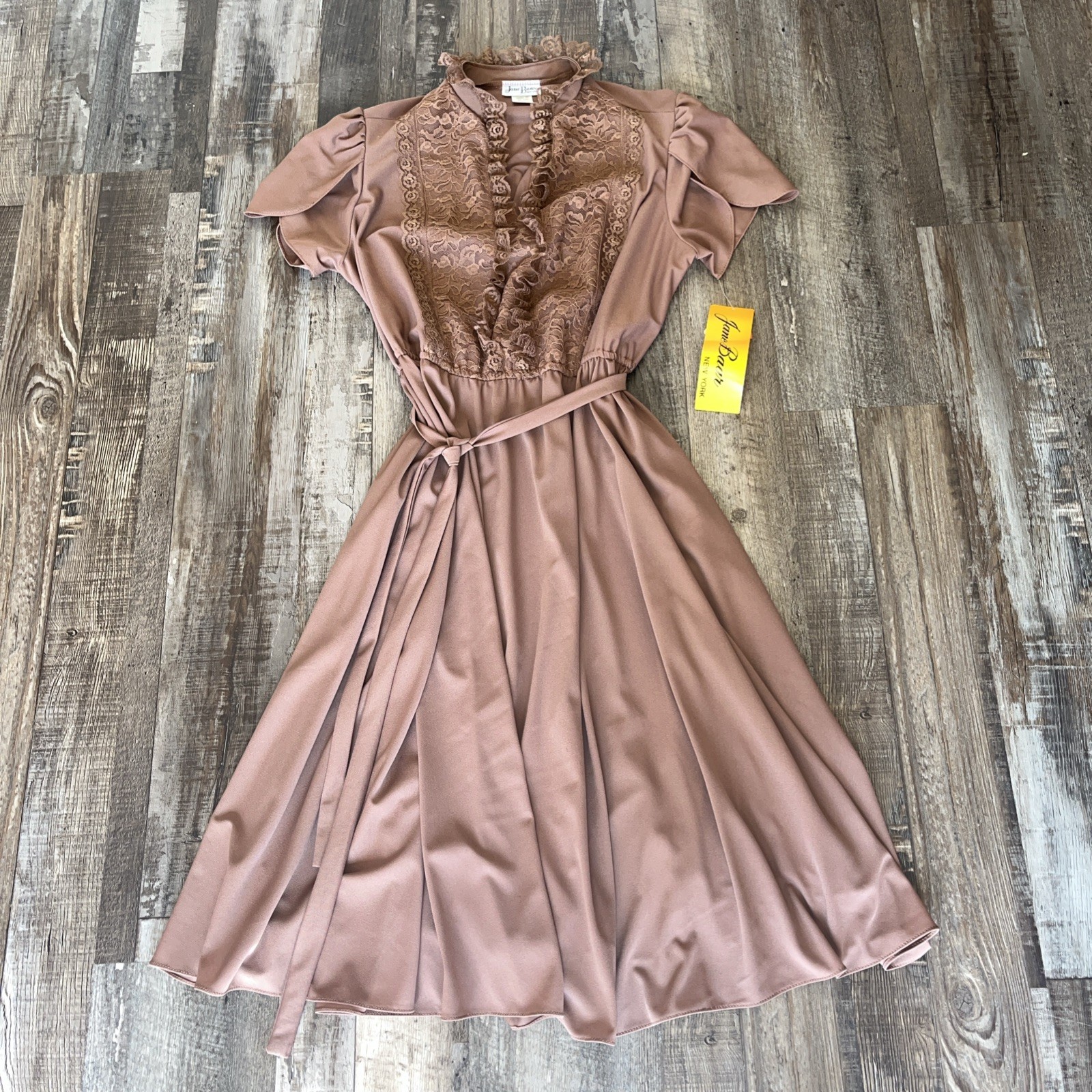 Vtg Jane Baar 70s Cocoa Brown Lace Trim Midi Folk Boho Prairie Dress NwT