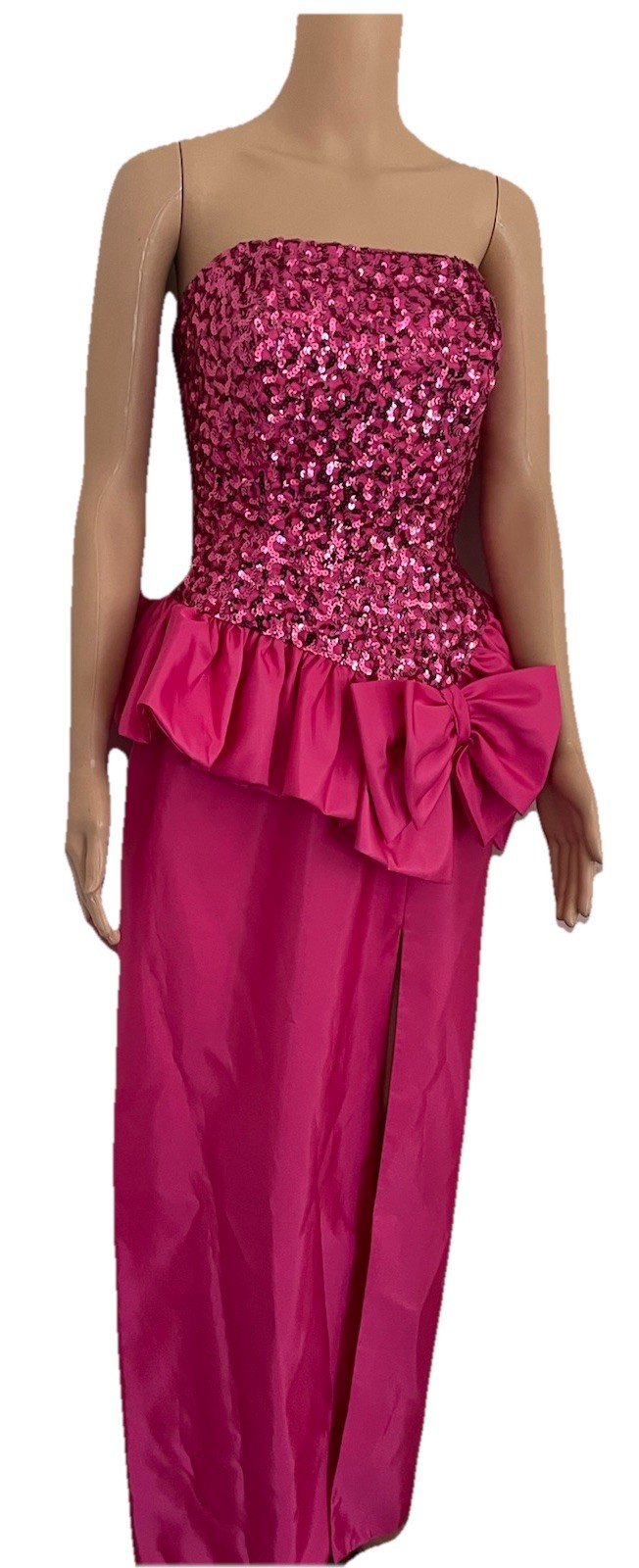 VTG 80s Mike Benet Pink Satin Sequin Strapless Peplum Formal Party Prom Dress