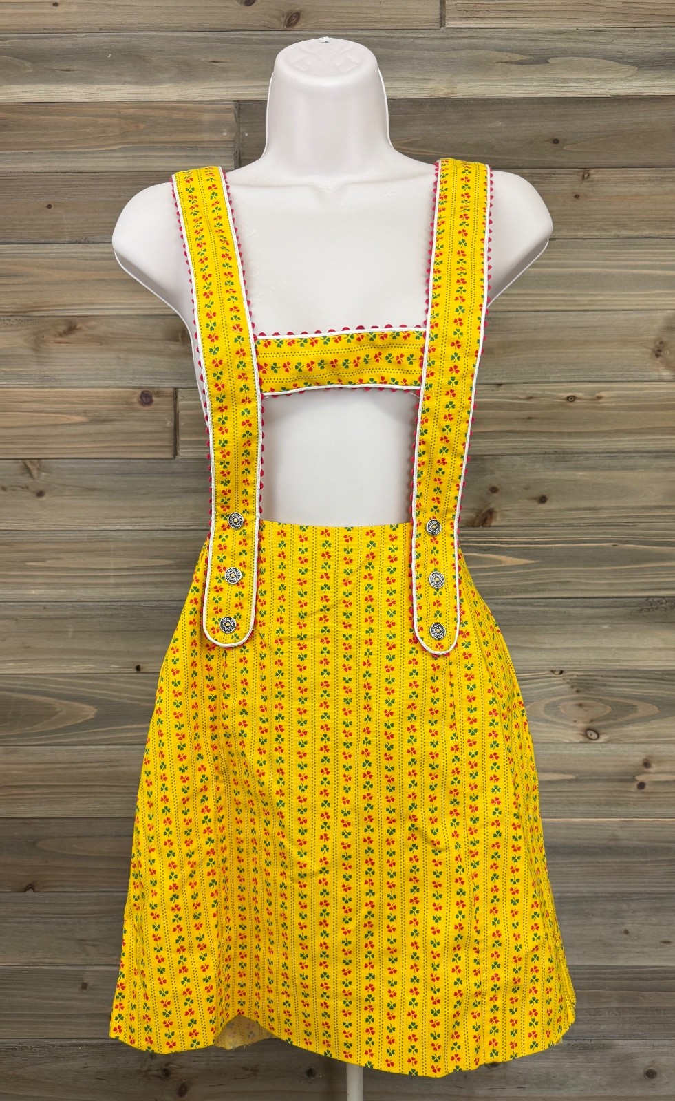 vintage 60’s pinafore mod dirndl suspender skirt rickrack trim novelty print