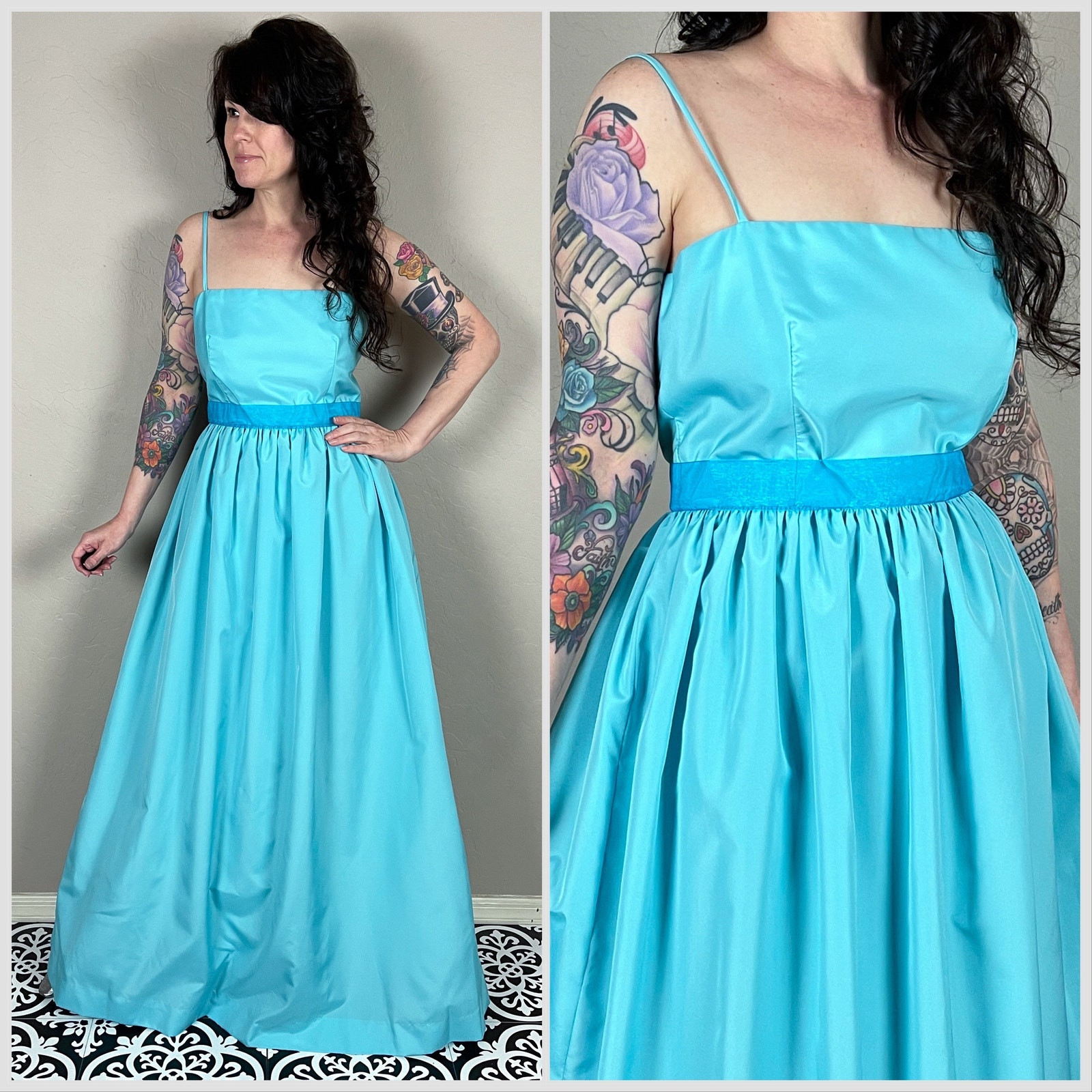 Sky Vintage 1970s Blue Empire Waist Prom Gown | 26″ – 28″ Waist