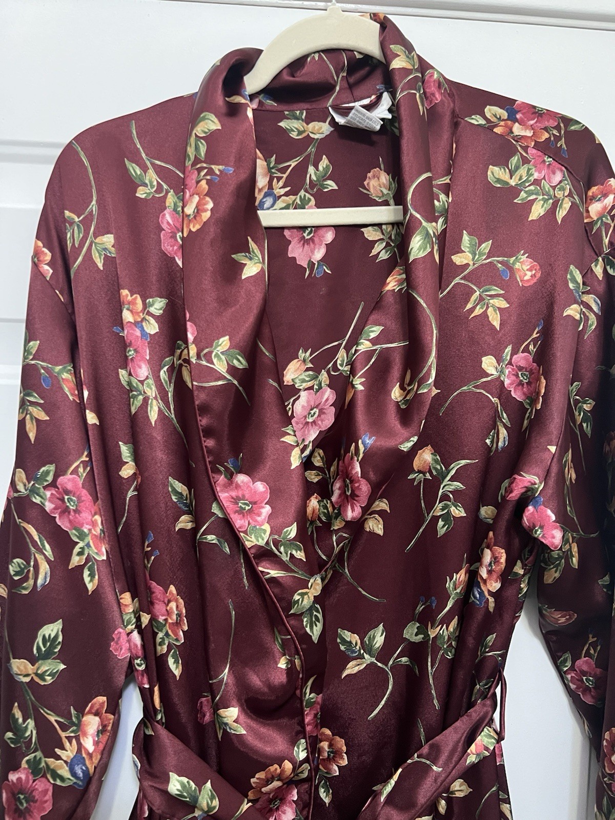 Vintage Red Wine Floral Satin Long Robe Dress Made In Korea Kimono Dress Medium