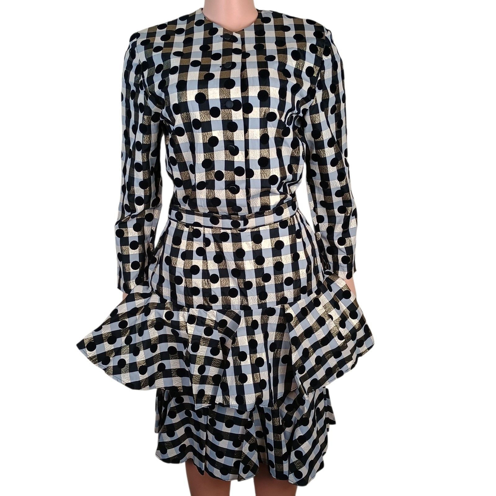 Vintage 1980’s Black/White Gingham Skirt Suit With Velvet Polka Dot Small