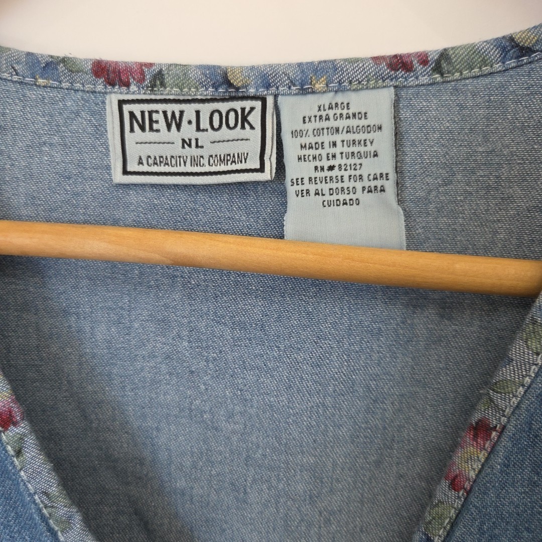VTG 90s New Look Denim Women’s Vest Sz XL Blue Floral Trim Patchwork Detail…
