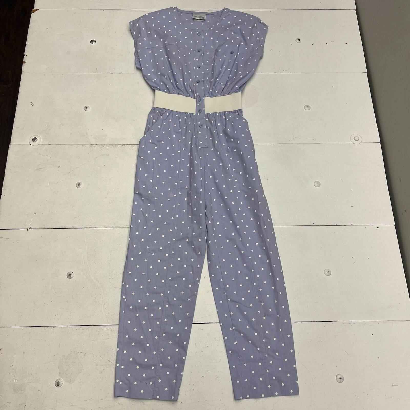 Vintage Nordstrom Petite Focus Blue White Polka Dot Cotton Jumpsuit Womens Sz 4
