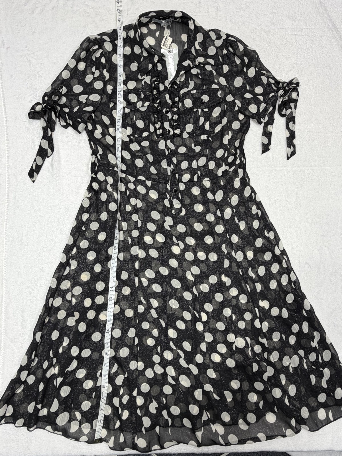Vtg Black & White 90s Polka Dot NWT Sheer Chiffon Large Dress Ruffled Button Up