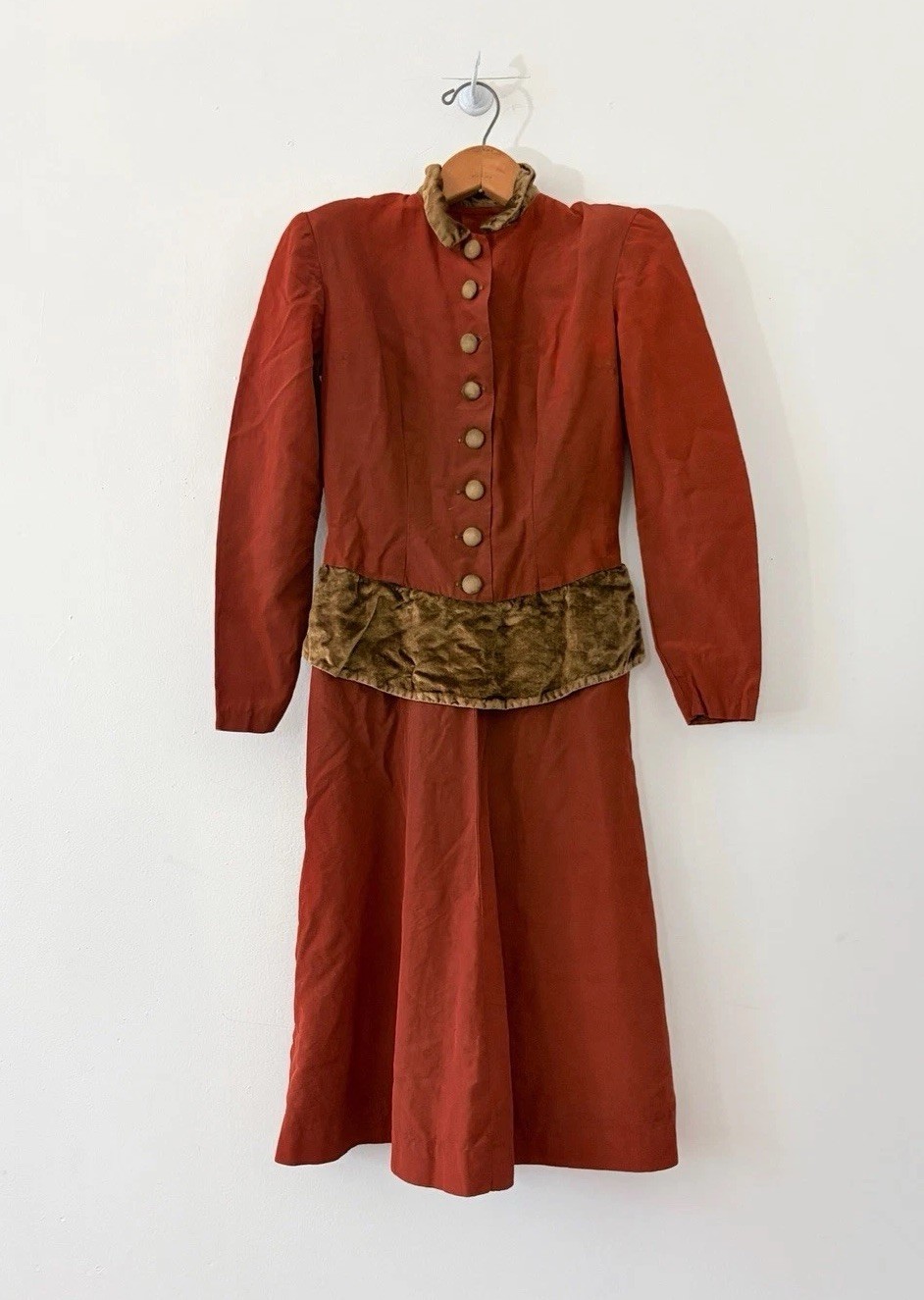 40s Rayon/Velvet Pointed Collar Long Sleeve Midi Dress Victorian Edwardian XS S