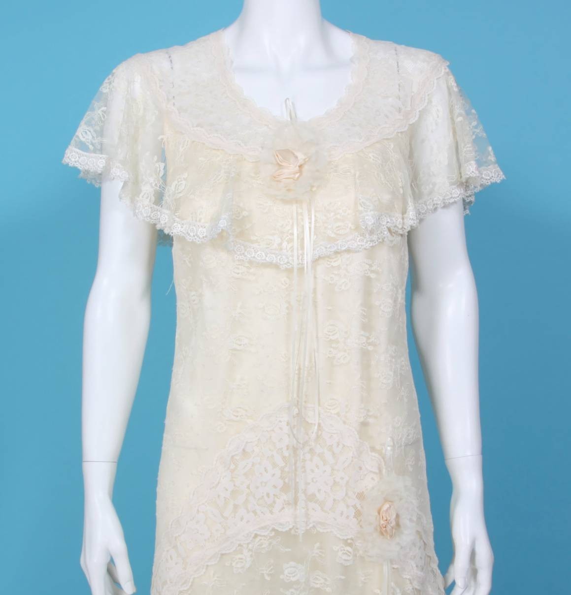 Vtg 1970s does 30s Lace Drop Waist Goddess Wedding Dress Flutter Sleeve 3/4 /610