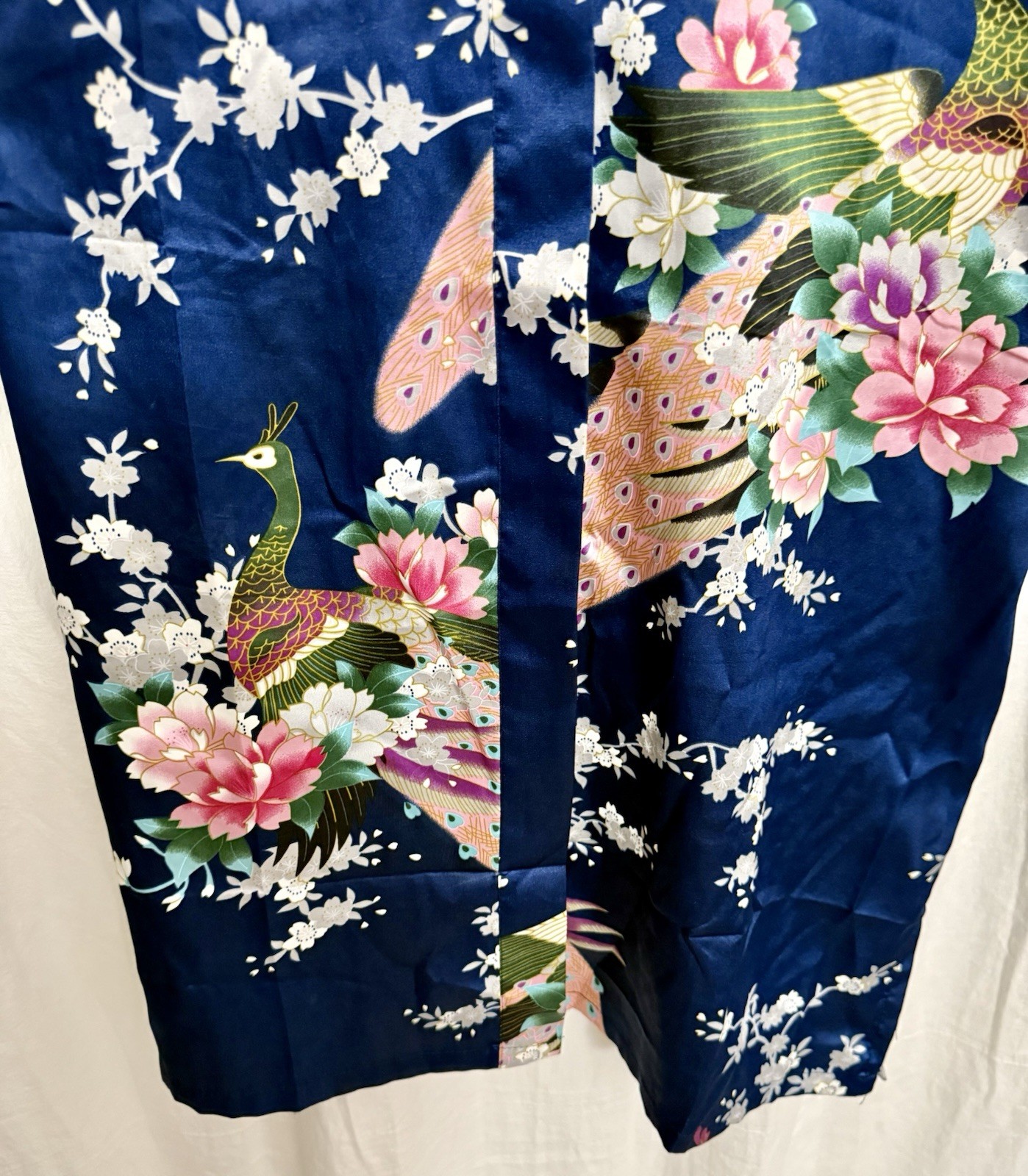 VTG 90s Silk Peacock Kimono Robe Blue Floral Statement Boho Lagenlook Luxe