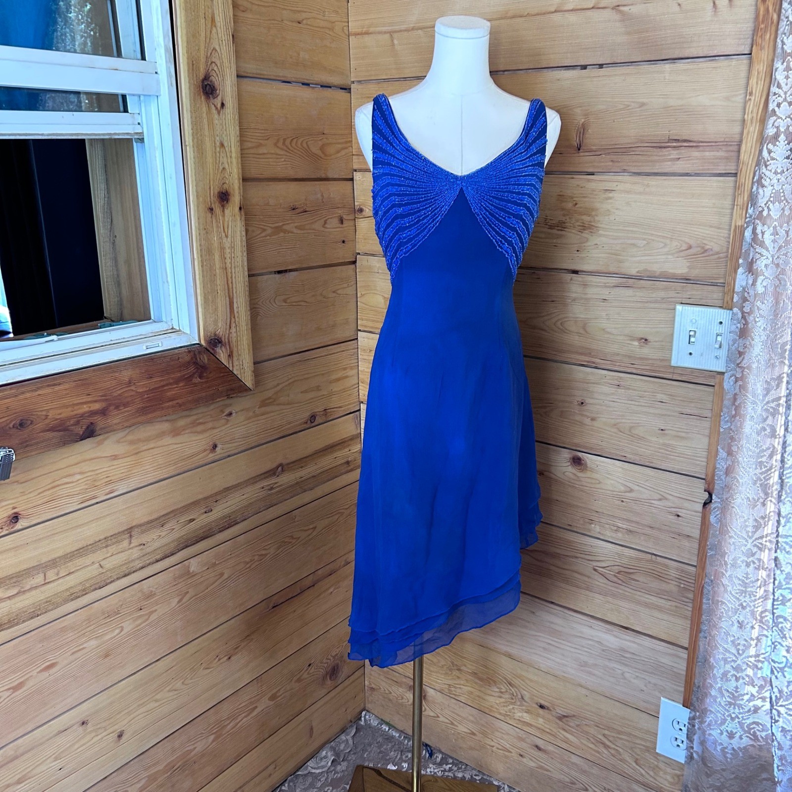 Vintage Silk Dress Women Extra Large Cobalt Blue Beaded Asymmetric Hem Dalia