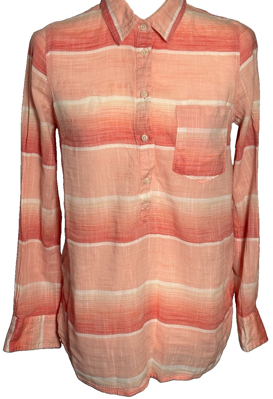 Women’s Coral Pink Striped Gauze Popover Shirt S Beachy Coastal Vacation Boho
