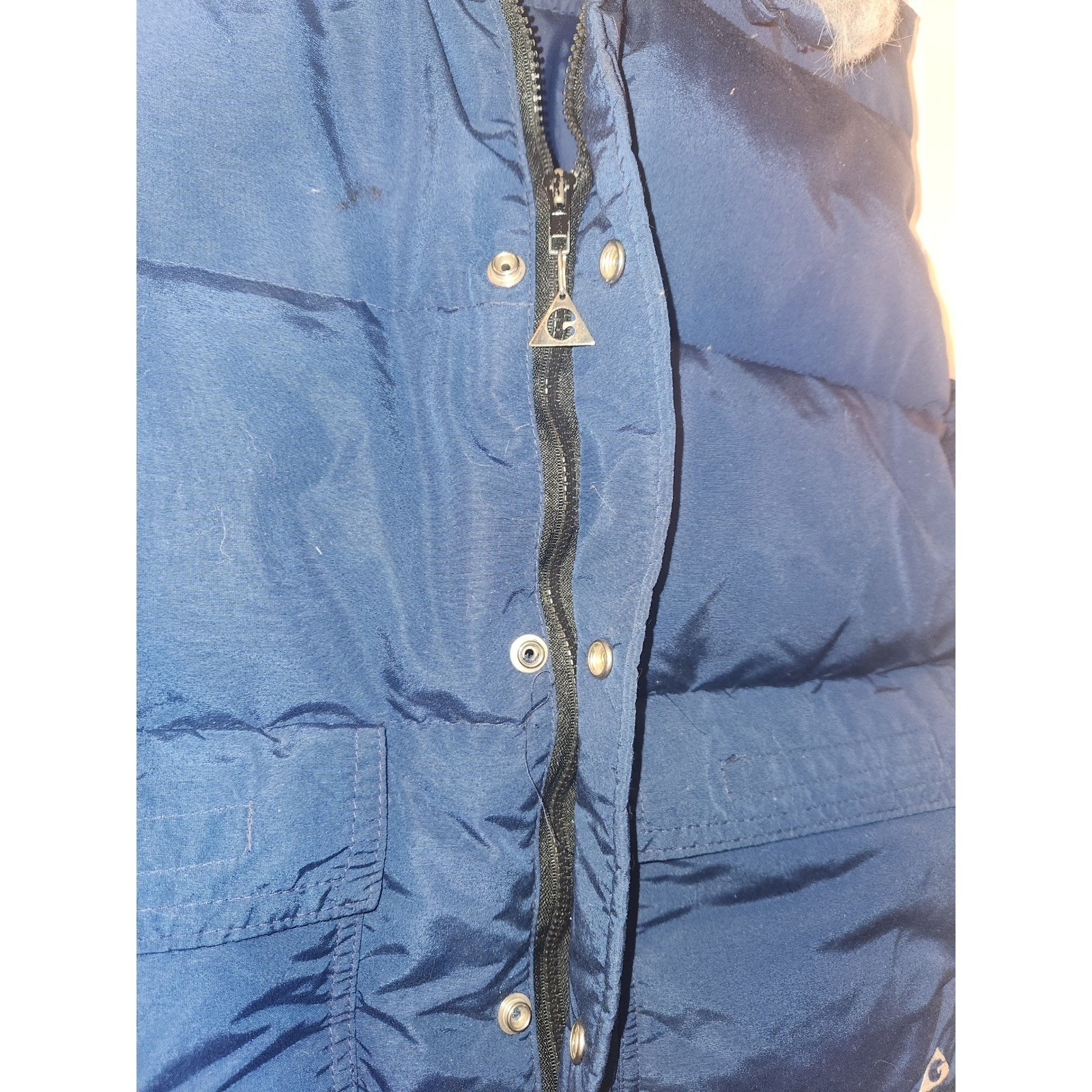 Vintage Gerry Women Down Filled Puffer Vest Blue Faux Fur Collar Cozy Size L