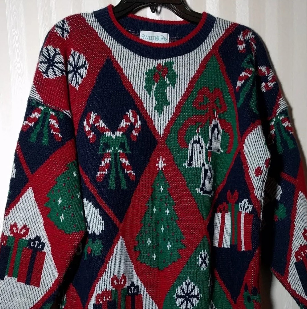 Vintage Ugly Christmas Sweater Sweetbriar Red Green Argyle Size M Crewneck USA