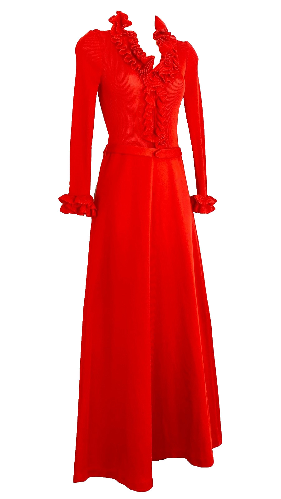 Vintage 1970s red ruffle maxi dress long sleeve flounce A-line Victorian style