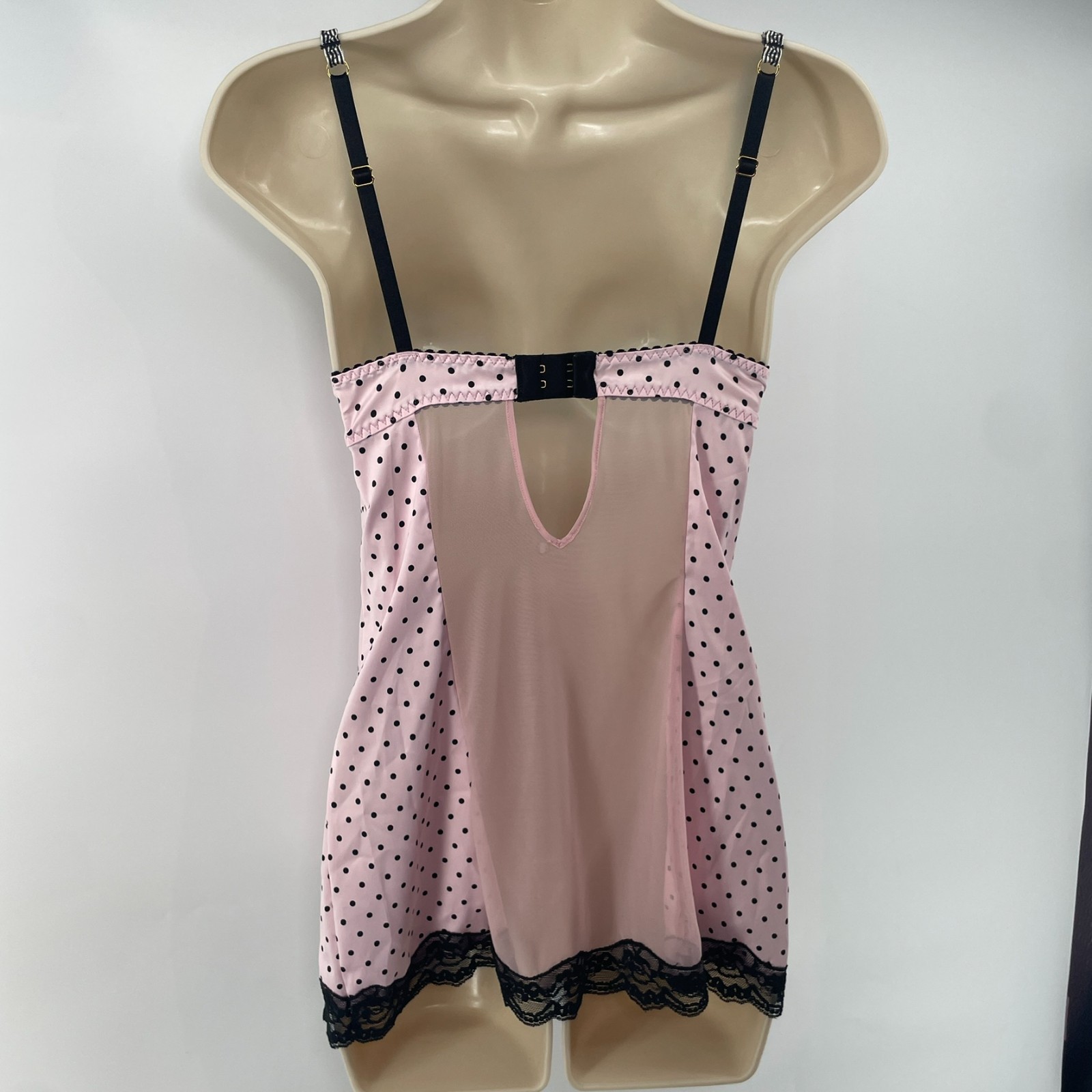 VTG Victorias Secret Y2K Milkmaid Cami Pink Black Polka Dot Lace Trim 34B Pin Up