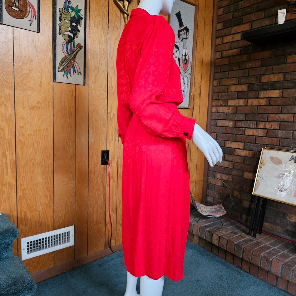 Vtg 80s Silk Jacquard Secretary Liz Claiborne Lipstick Red Femme Boss Dress S/M