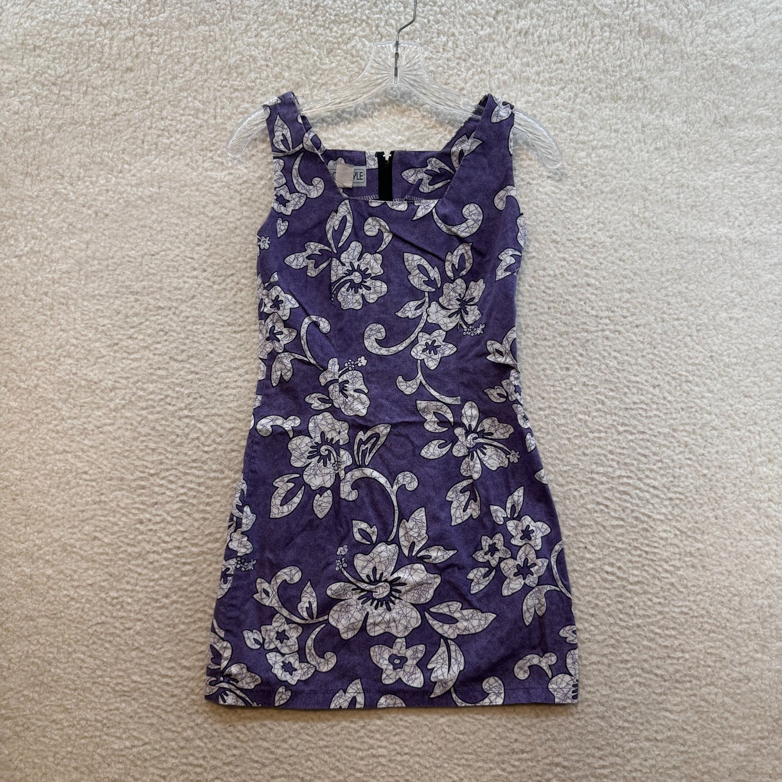90s Vintage Hawaiian Mini Dress Medium Purple Hibiscus Floral Tropical Coconut
