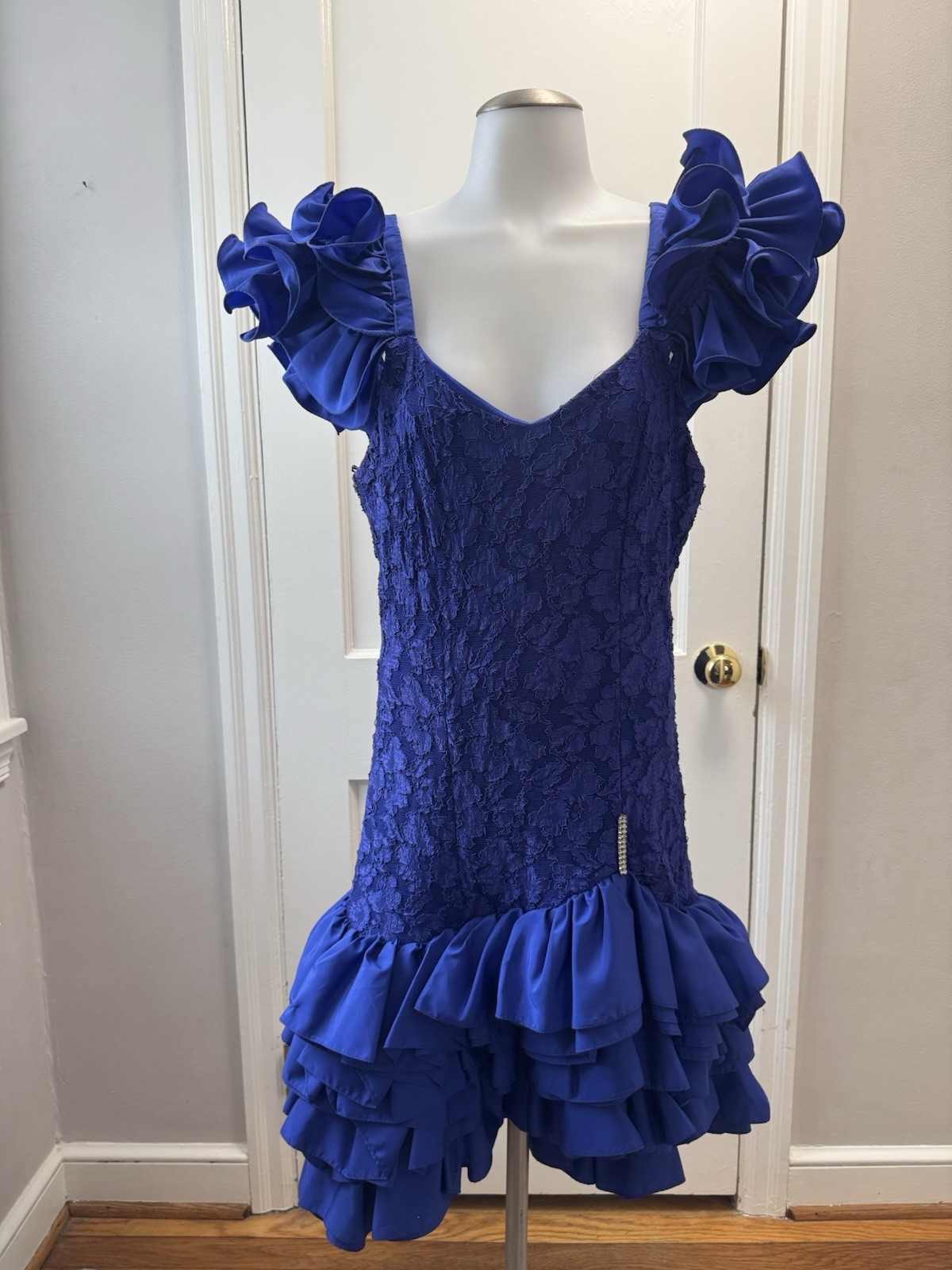 Vintage 80s Night Moves New York Blue Lace Prom Dress Ruffle Puff Sleeve 13/14