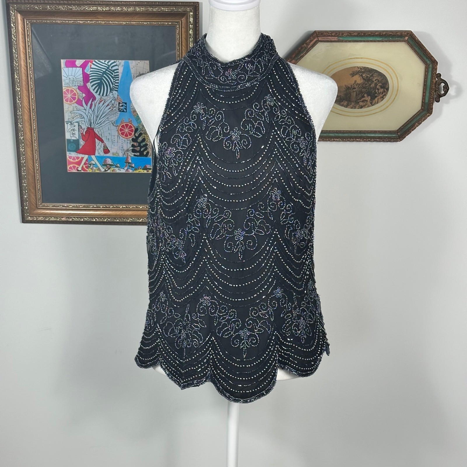 Vintage Papell Boutique Evening Beaded Halter Neck Top – SIZE XL Glam Party