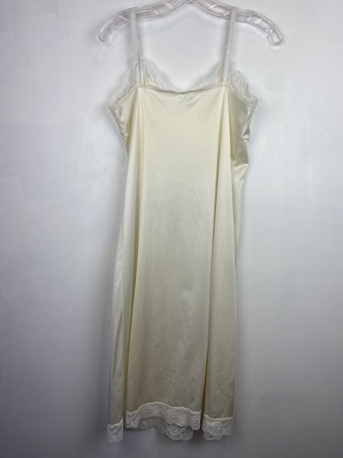 Slip Dress M Ivory Nylon Satin Nightgown Babydoll Lace Adjustable Straps Fairy