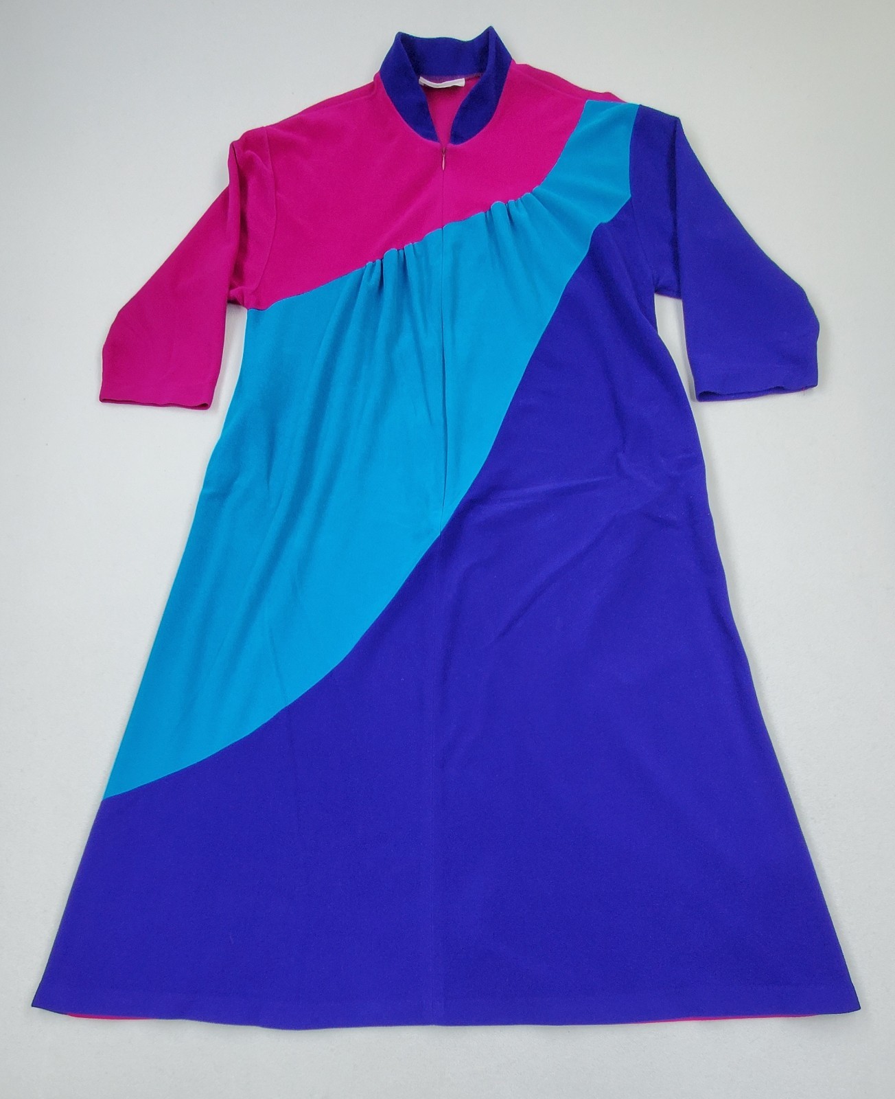 Vtg 70s 80s Vanity Fair Bright Mod Color Block Velour Zip Up Robe House Coat L