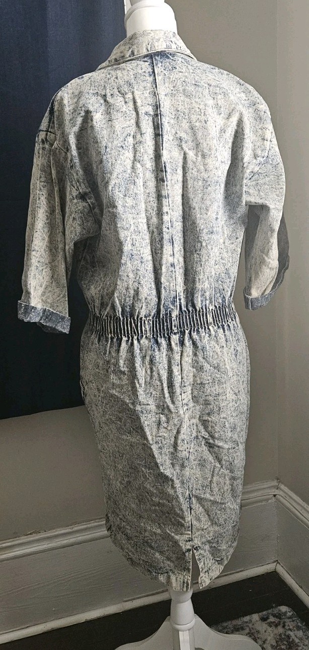 Vintage IDEAS Acid Wash Denim Shirt Dress Size L Button Front 80s 90s Grunge