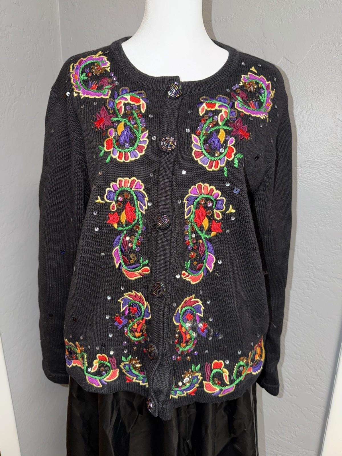 Jack B Quick Button Cardigan Sweater Size Large Sequins Beads Rhinestones Black