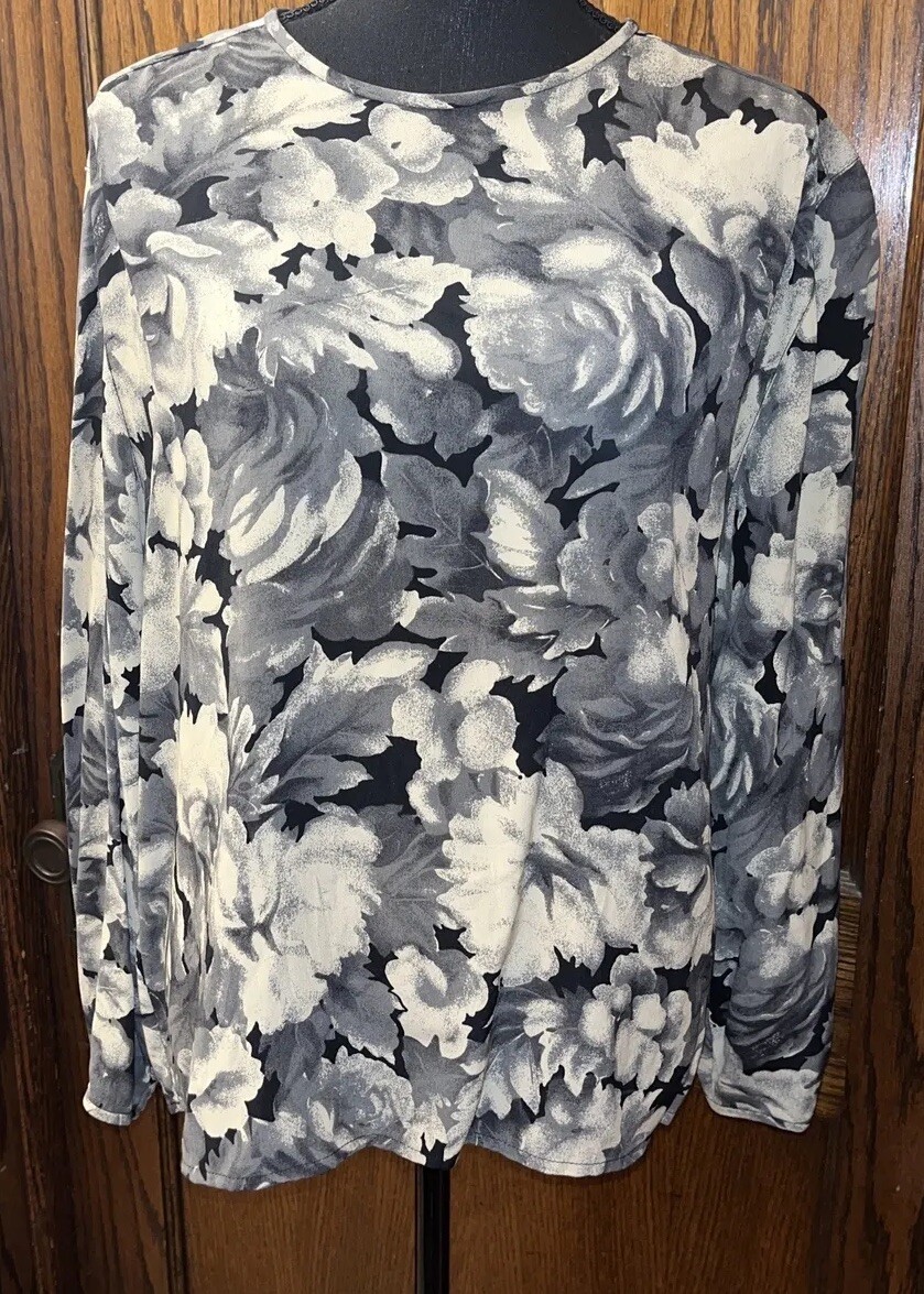 Vtg 90s Rena Rowan For Saville Black & Gray Abstract Floral Collarless Blouse 6