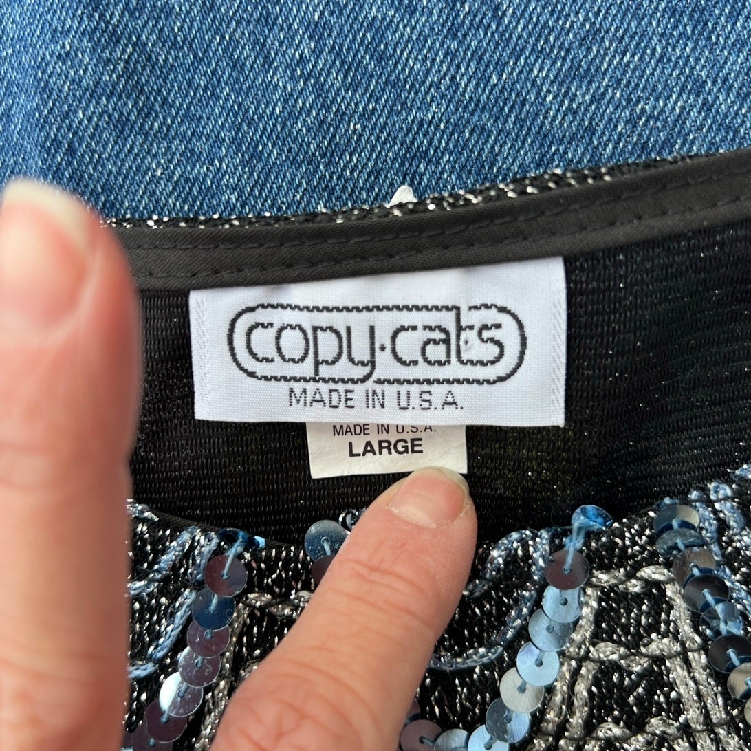 80s Copy Cats metallic silver sequin wave pattern top