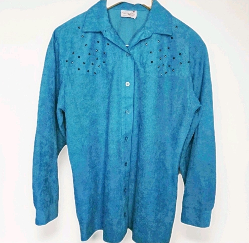 VTG Serbin PetiteM Turquoise Western Glam Studded Blouse USA Santa Fe Rodeo Boho