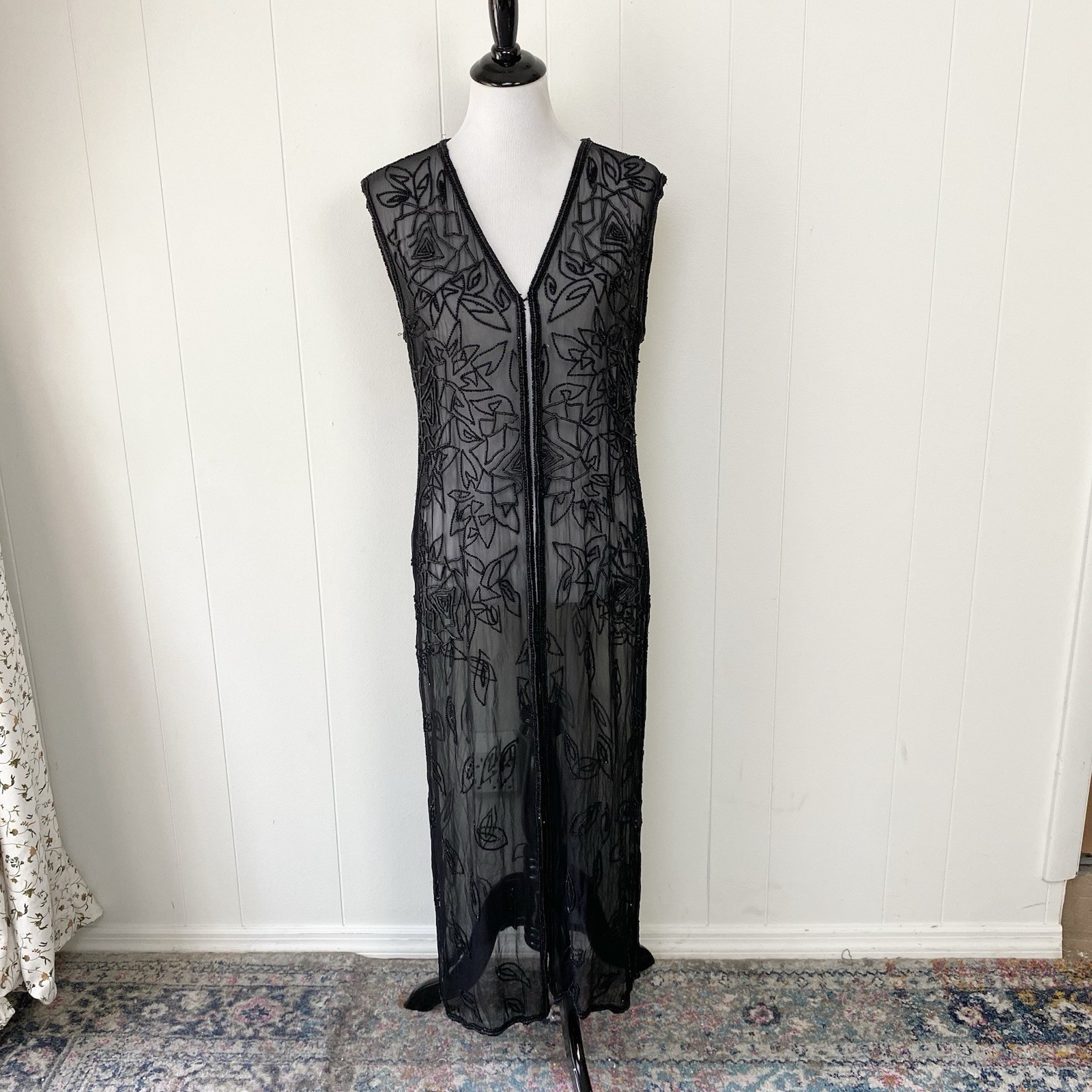 Sheer Black Beaded Duster Cardigan Whimsigoth Kimono Witchy Silk? OSFM 20″ PTP
