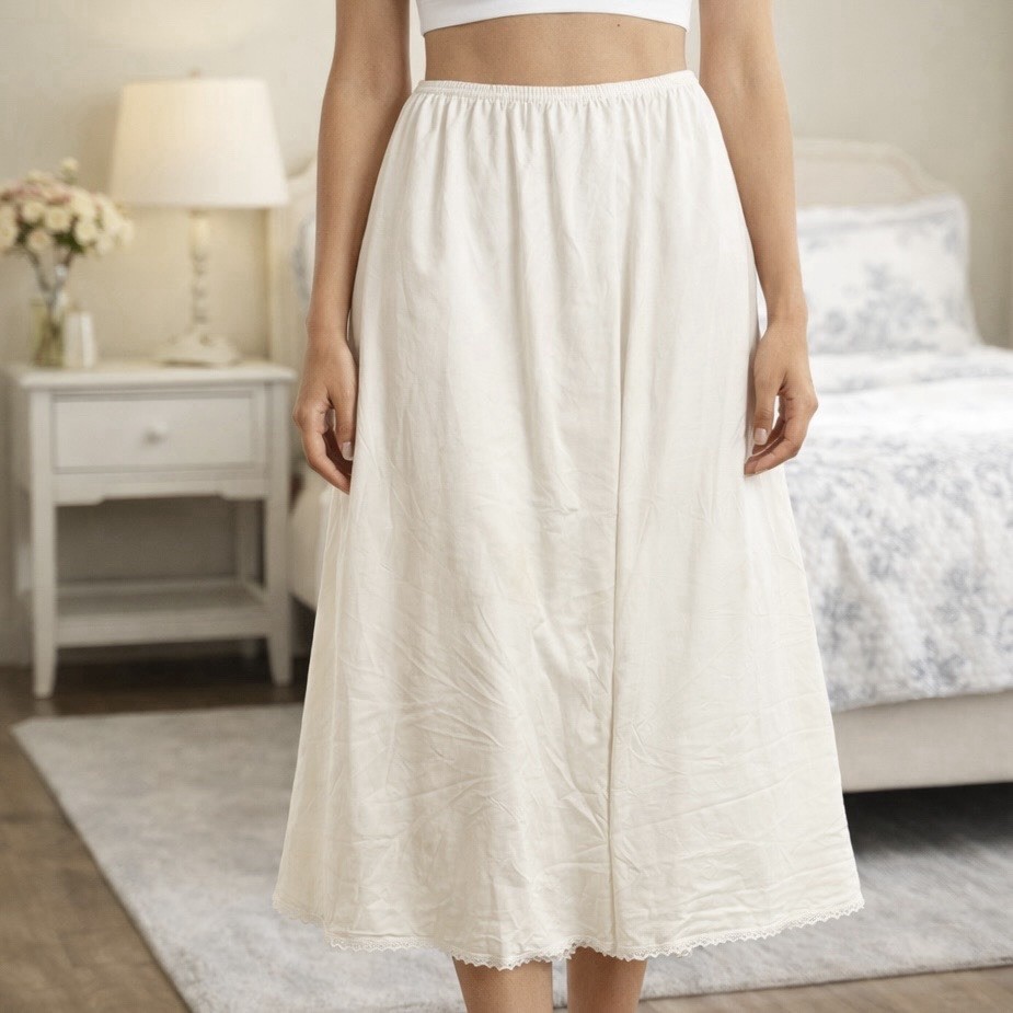 VTG VANITY FAIR Off White Ivory Half Slip Size Med Silky Nylon Skirt Lace Trim